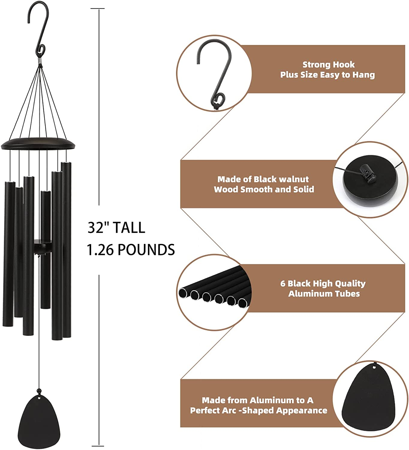 FSVGYY Wind-Chimes-Outdoor-Large-Decor, Deep Tone Soothing Melodic Tones Windchimes, Wind Chimes for Outside, Memorial Wind Chimes Best Gift for Mom Women Grandma Neighbors（32" Black Coated Aluminum） image number 3