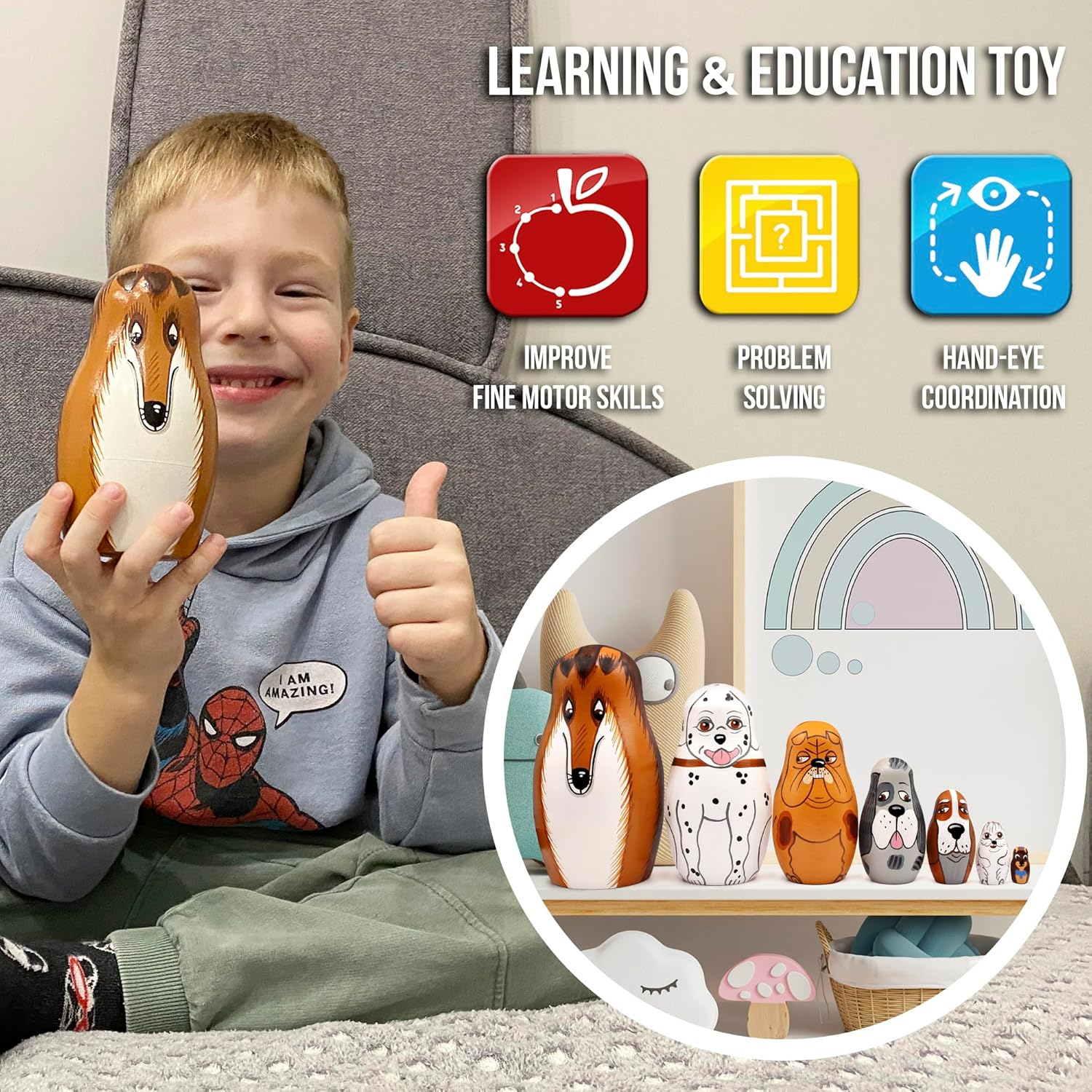 Dog Nesting Dolls Set of 7 Pieces - Matryoshka Toy Dog Lover Gifts &ndash; Russian Wooden Nesting Dolls for Kids - Pets Puppy Dog Figurines Made in Russia image number 3