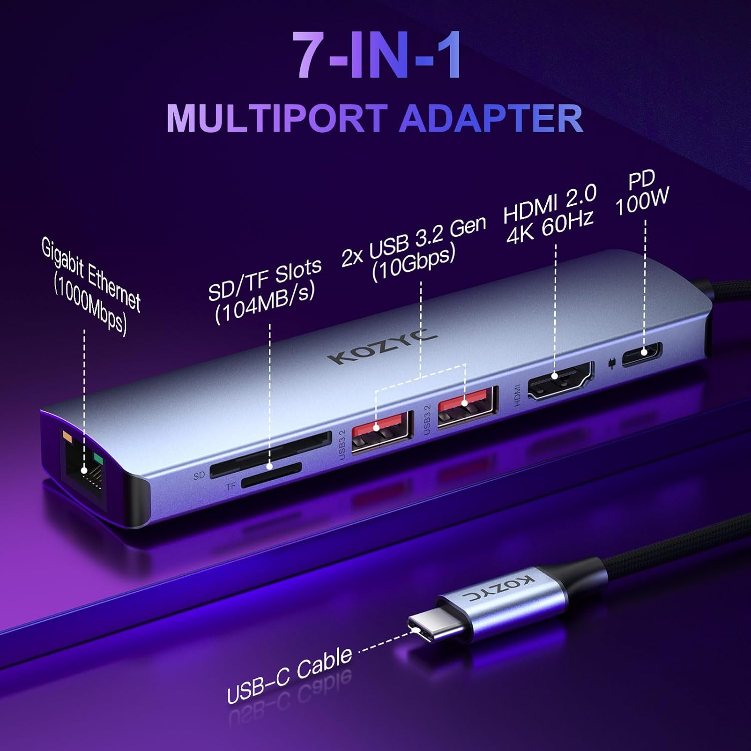 10Gbps USB C Hub Ethernet HDMI Adapter, KOZYC 7-In-1 USB C Hub with HDMI 4K@60Hz, 1Gbps Ethernet, 2X USB 3.2, SD/TF, 100W PD, Support Extend/Mirror Displays, Compatible with Macbook Pro/Air, Dell XPS image number 5