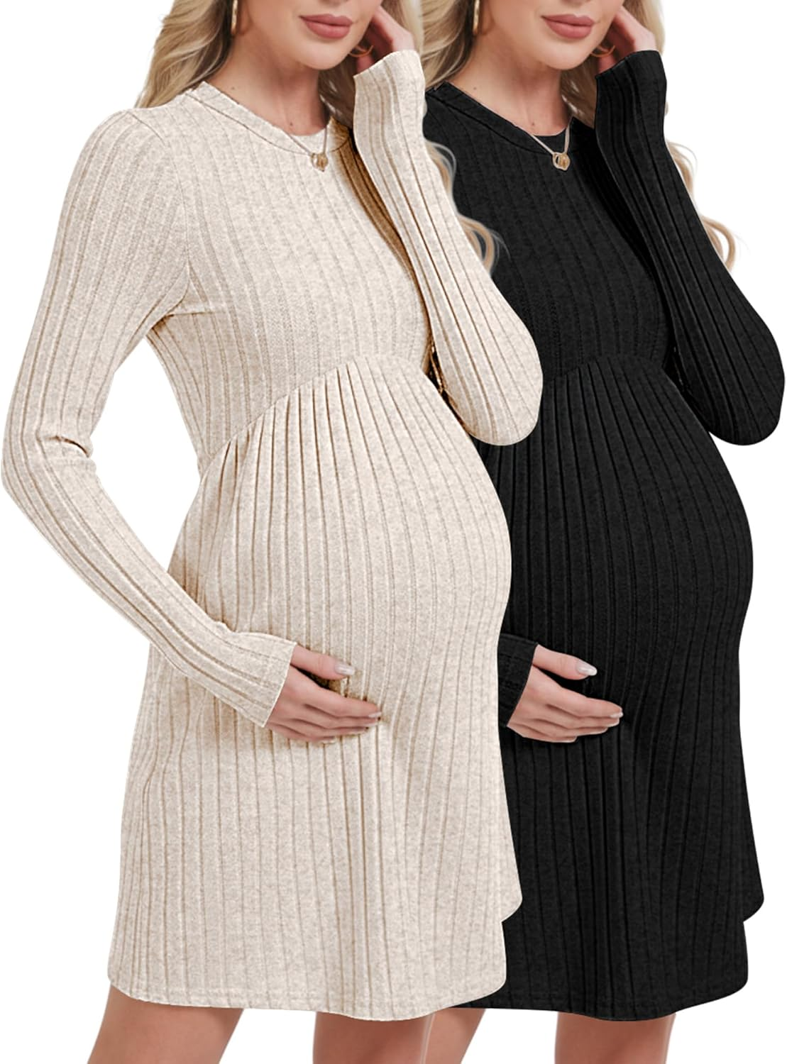 2 Pack Women Maternity Knit Sweater Dress Long Sleeve Casual Pregnancy Midi Dress Crew Neck Pleated Empire Waist