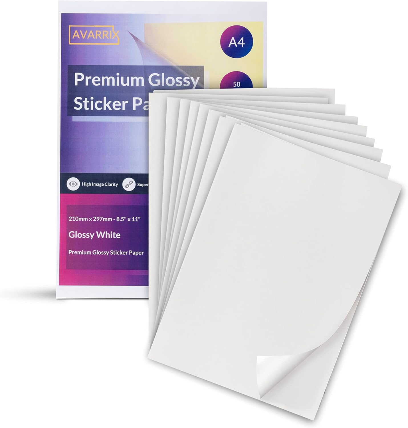 Avarrix Australia A4 Sticker Paper, Paper-Based Glossy White, 50 Sheets, Self Adhesive Premium Glossy Sticker Paper for Inkjet and Laser Printer, 90Gsm Thickness Printable Label Sheets image number 5