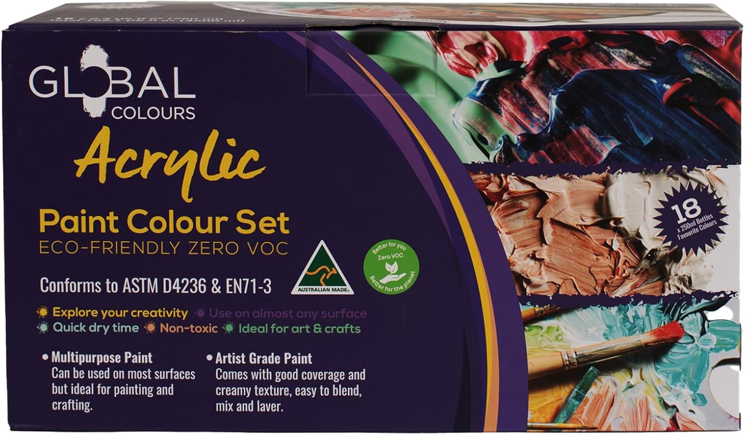 GLOBAL COLOURS Acrylic Paint Set &ndash; 18 X 250Ml Bottles &ndash; Made in Australia | Non-Toxic Artist Paint for Canvas, Wood, Paper, Ceramics &ndash; Rich Colours for Classrooms, Studios & Professionals image number 5