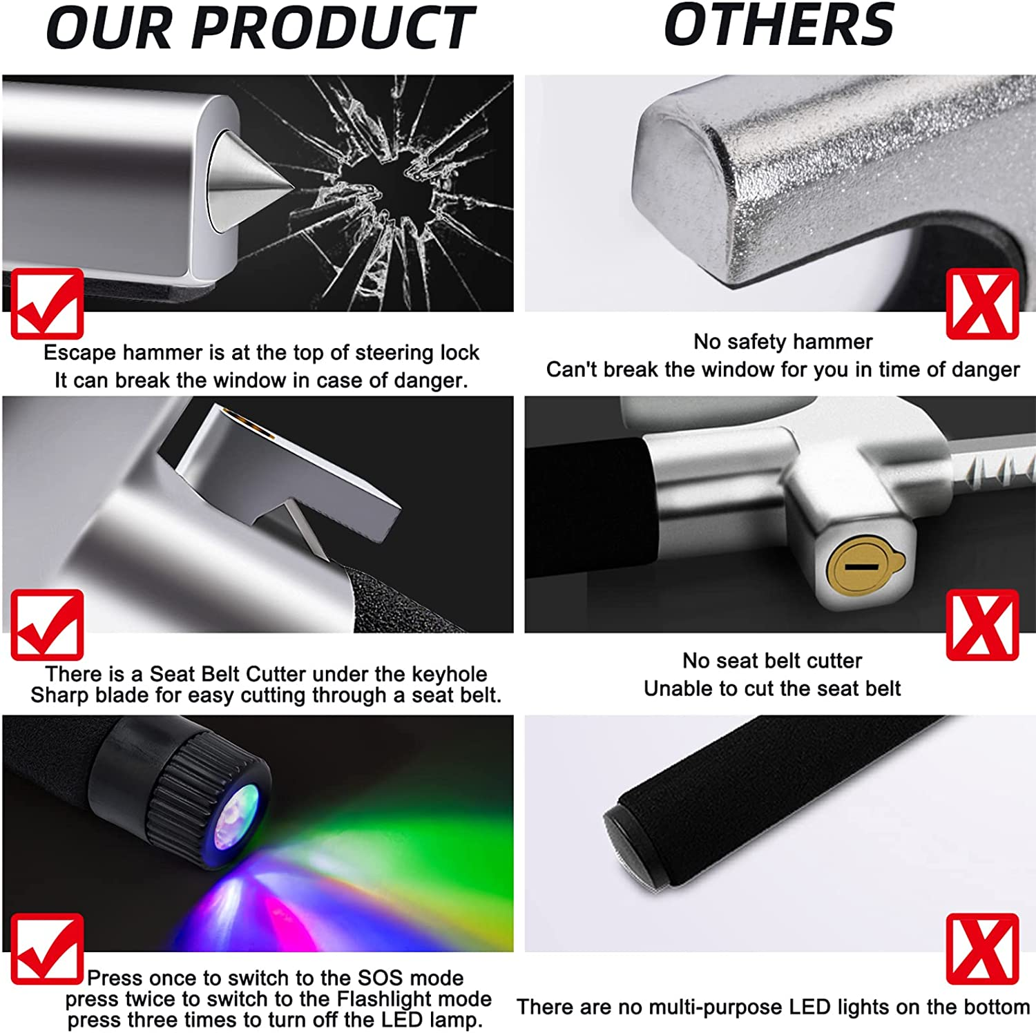 4-In-1 Steering Wheel Lock with Flashlight/Sos LED Ligth,Seat Belt Cutter,Escape Hammer,2 Keys Retractable Steering Lock,Vehicle Anti-Theft Lock，Universal for Auto/Truck/Suv/Van Black image number 4