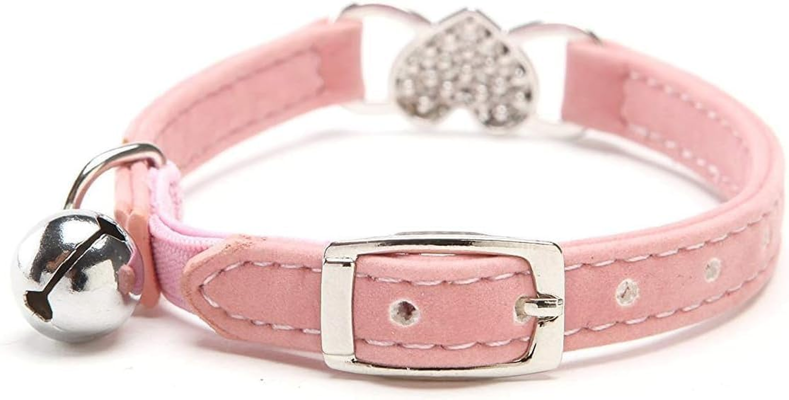 Pink Soft Velvet Safe Cat Adjustable Collar with Crystal Heart Charm and Bells 8-11 Inches(Black+Pink) image number 3
