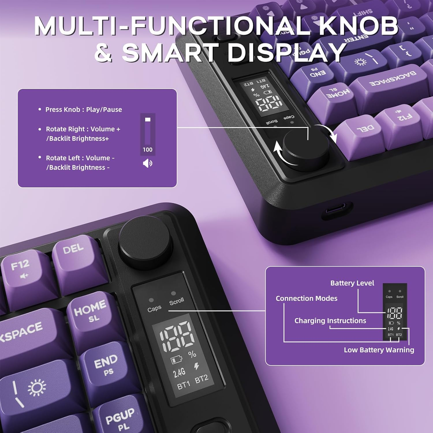 FREEWOLF X Attack Shark M75 Wireless Membrane Gaming Keyboard Mechanical Feel with Knob & OLED Display Bluetooth/2.4Ghz Rainbow Backlit Gradient PBT Keycaps 2000Mah Battery Anti-Ghosting-Purple image number 5