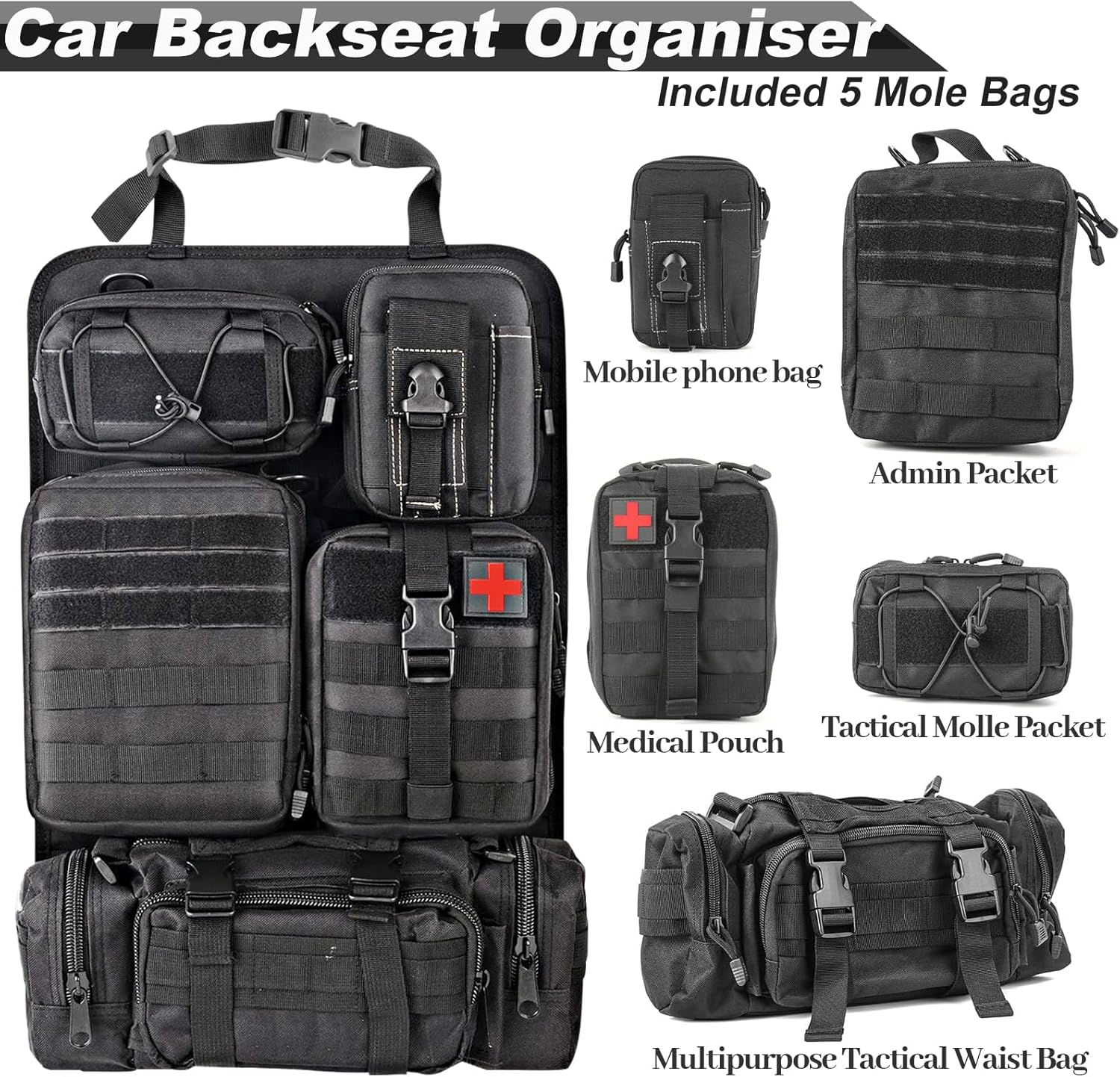 Tactical Molle Car Seat Back Organizer, Tactical Bag with 5 Mole Bags for Backseat, Multifunctional Car Seat Organiser Fits All Vehicles, Portable Outdoor Organizer for Car Truck Ford Jeep Vehicle image number 2