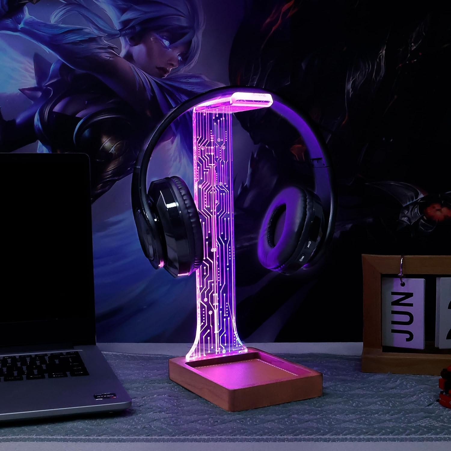 Yuandian Headphone Stand, Wood Headset Holder with Blue Pink LED Night Light for Gamers, Men, and Music Lovers - Desk Gift Idea
