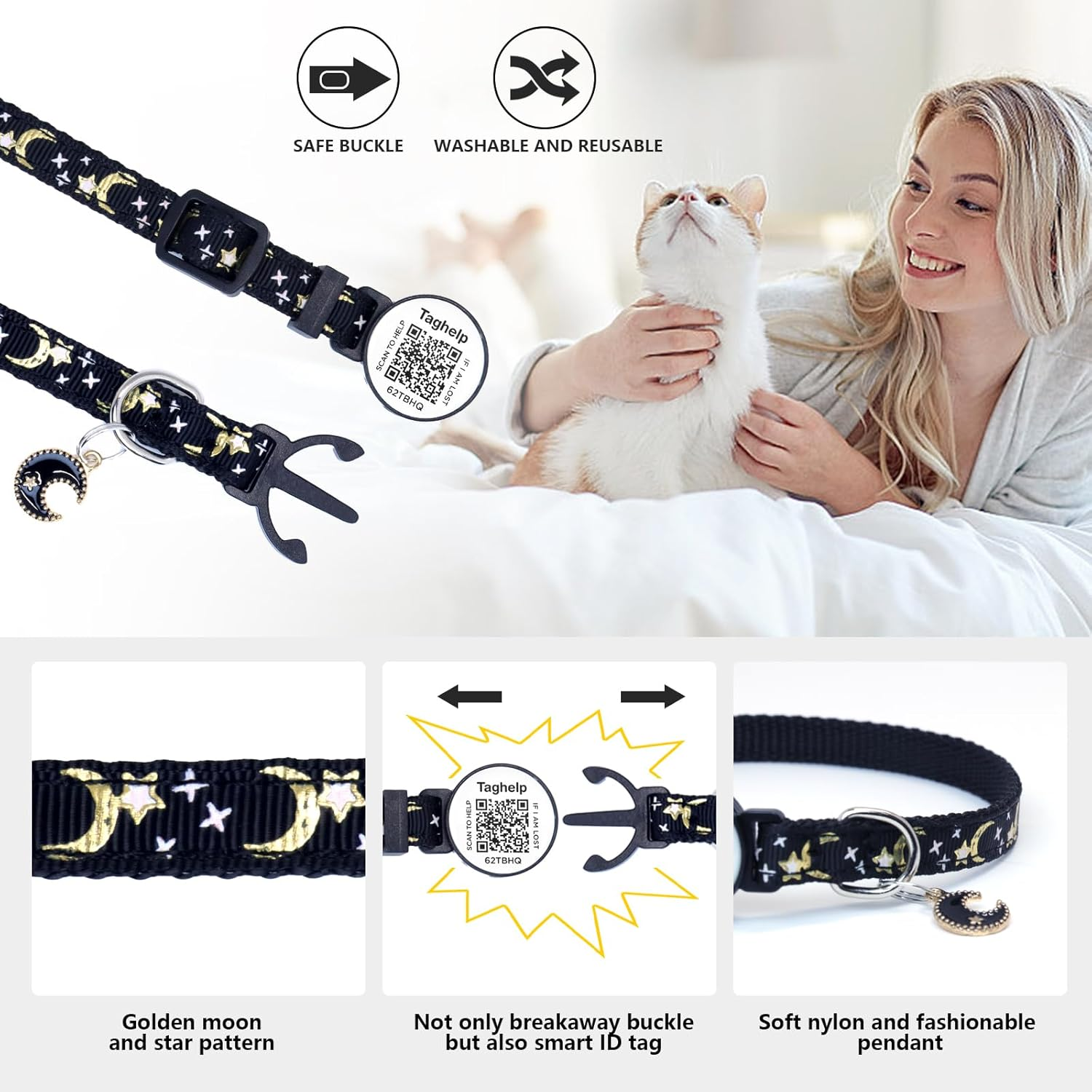 Stars and Moon Airtag Cat Collar with Airtag Holder,Air Tag Cat Collar for Apple. Solid & Safe, Pet Collar, Breakaway Cat Collar, QR Code Cat ID Tags - Pet Online Profile(Blue) image number 2