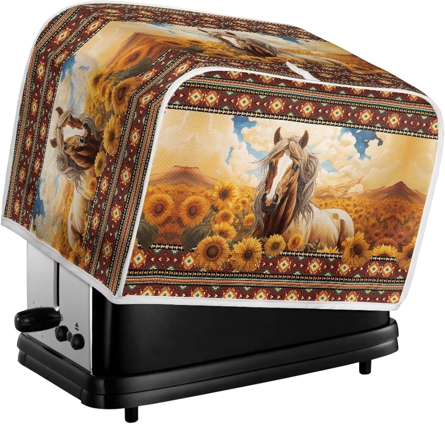 Wanzuoeng Aztec Tribal Toaster Cover 2 Slice, Horse Sunflower Print Microwave Toaster Oven Cover Dustproof Washable, Lightweight Bread Machine Cover for Home, Kitchen Accessories