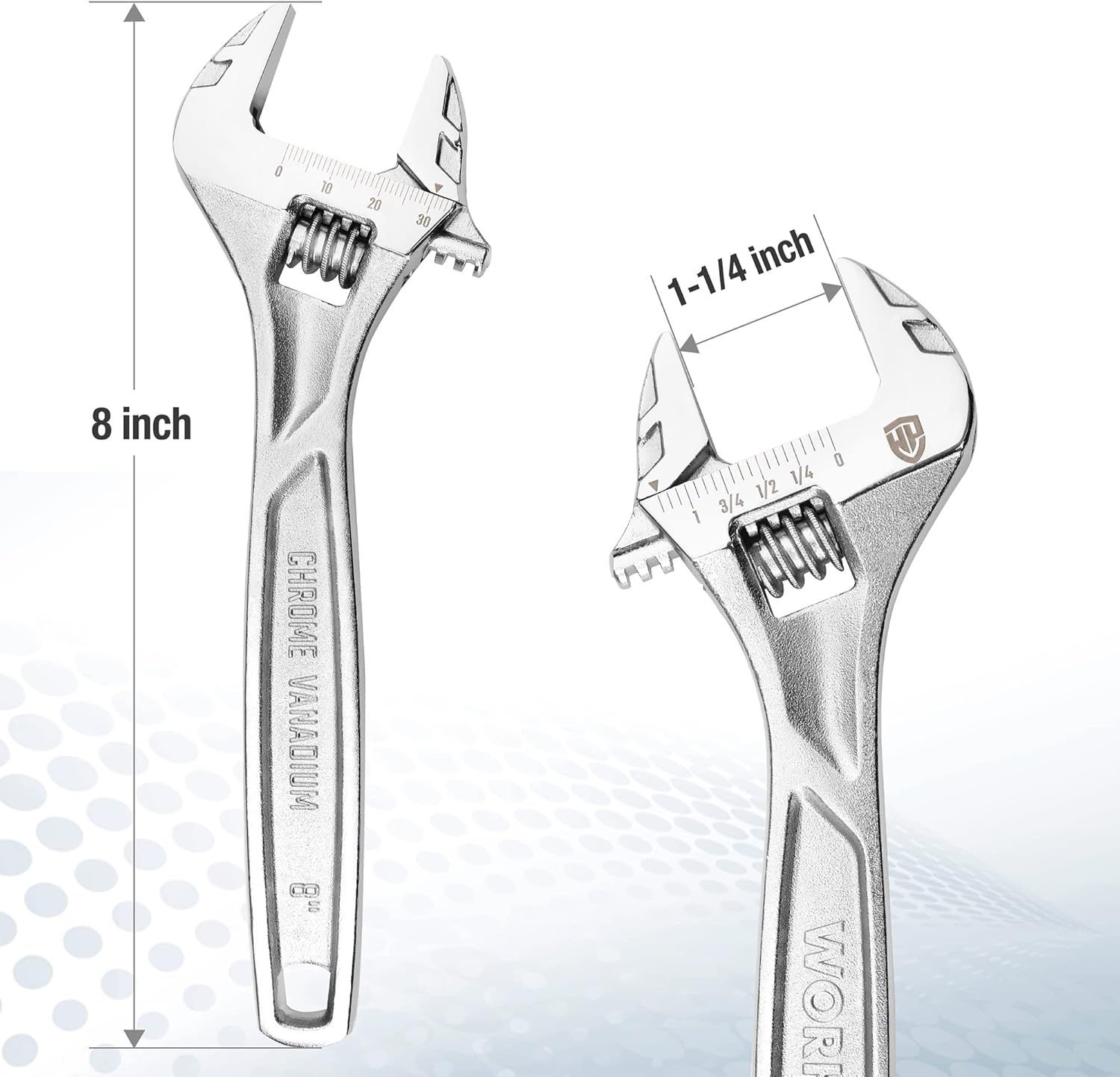 WORKPRO Adjustable Wrench, 8-Inch Heavy Duty Spanner with Inch/Metric Scale, Premium Cr-V Steel, Chrome Plated