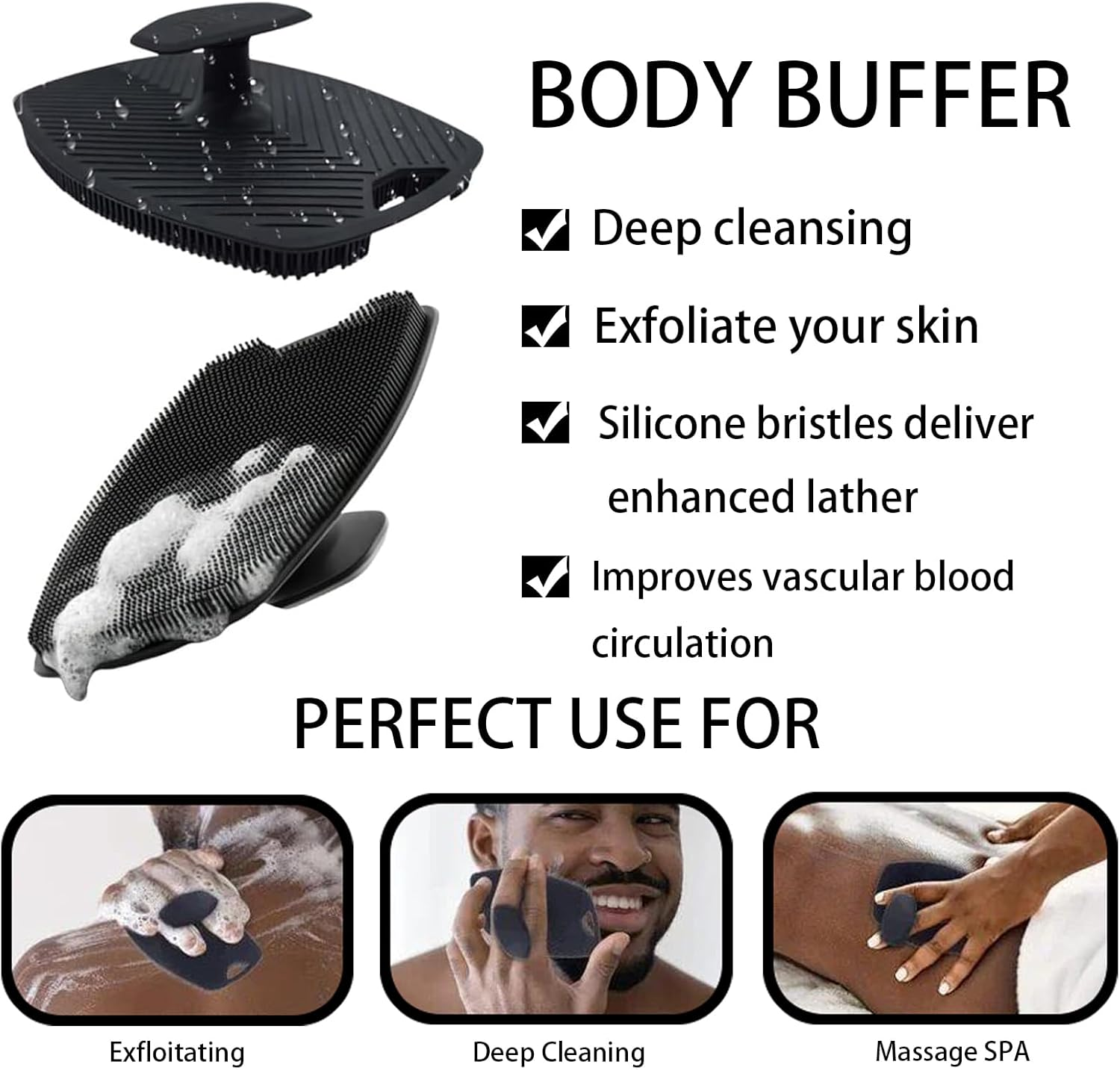 Silicone Body Scrubber Set, 2-Pack, Shower Exfoliating Brush with No-Slip Handle, Black image number 3