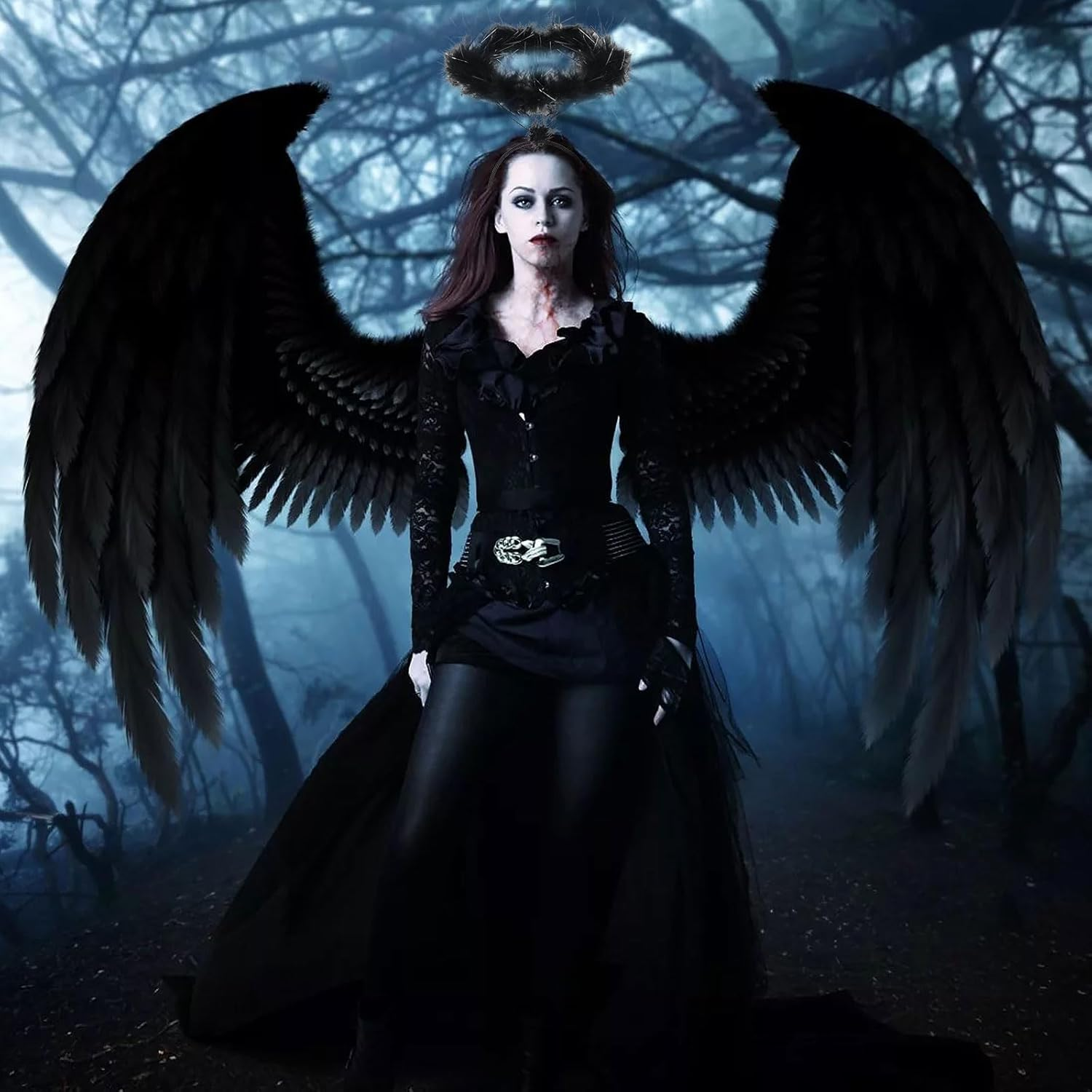 Headband Halo Black - Angel Costume Accessories for Children Women Men Headband Angel Hair Accessories for Halloween, Fancy Dress & Carnival Party Headband for Black Angel with Feather Wreath