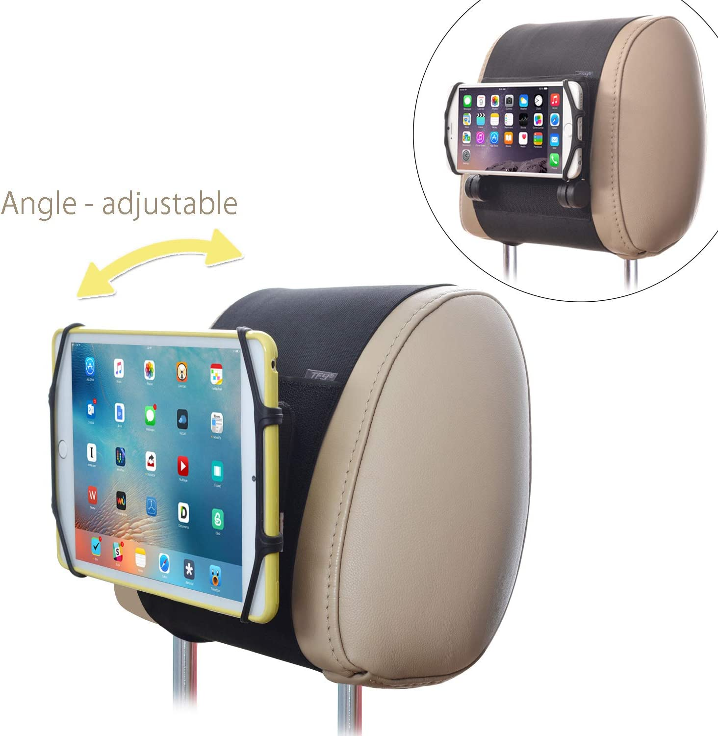 TFY Car Headrest Mount for 7-10 Inch Fire, Fire HD, Kindle, Kids Edition Tablets, Angle Adjustable Holder with Silicon Holding Net