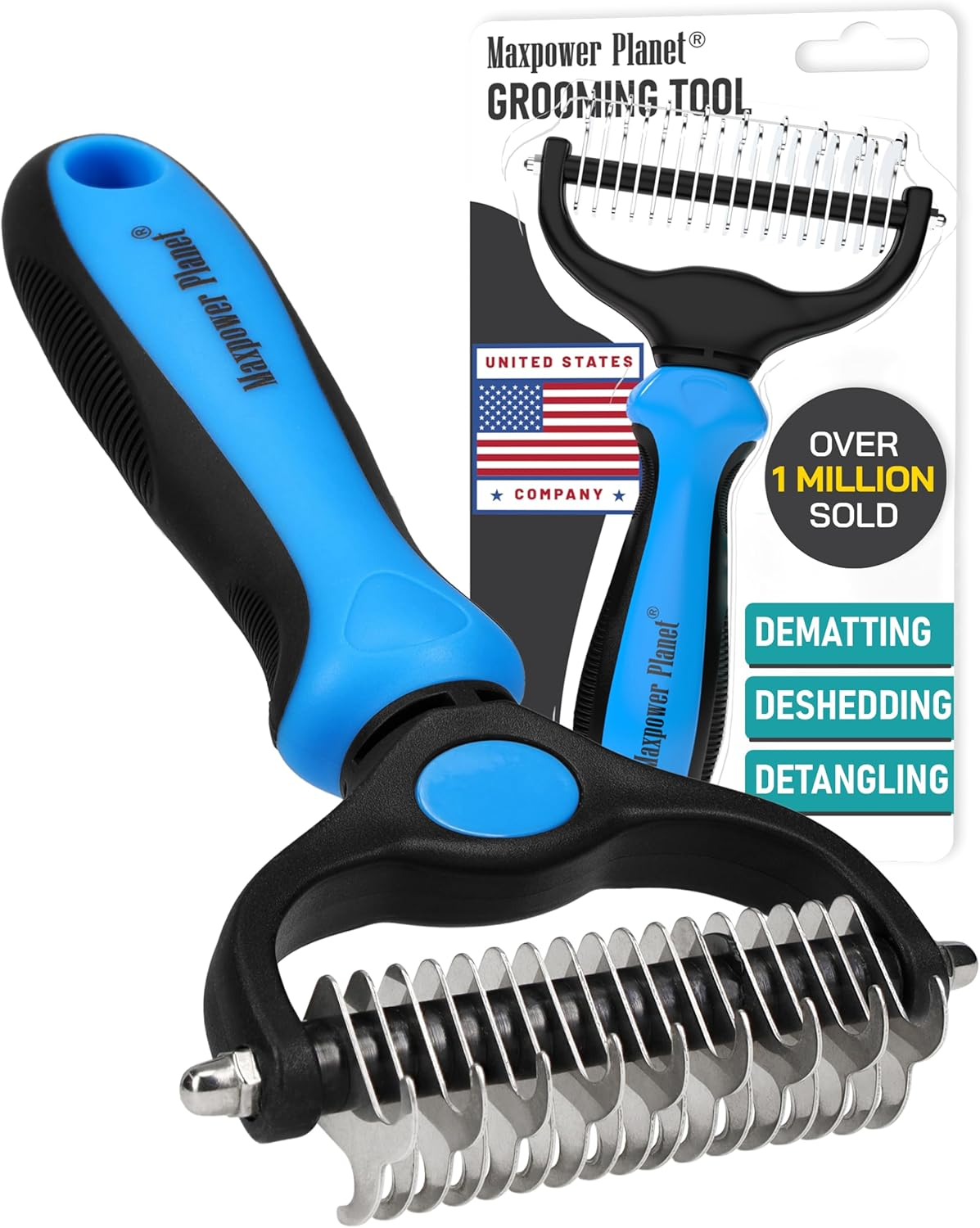 Maxpower Planet Pet Grooming Brush - Double Sided Shedding and Dematting Undercoat Rake Comb for Dogs and Cats,Extra Wide,Blue image number 5