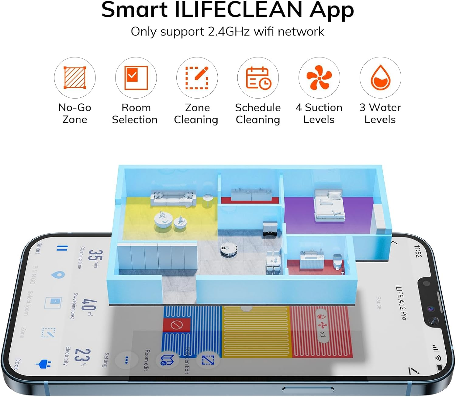ILIFE A12Pro Robot Vacuum Cleaner and Mop,Self Emptying Station for 60 Days,Lidar Navigation, Home Mapping, No-Go Zones, 2.4G Wifi/App/Alexa/Remote Control, for Hard Floors (A12 Pro) image number 5