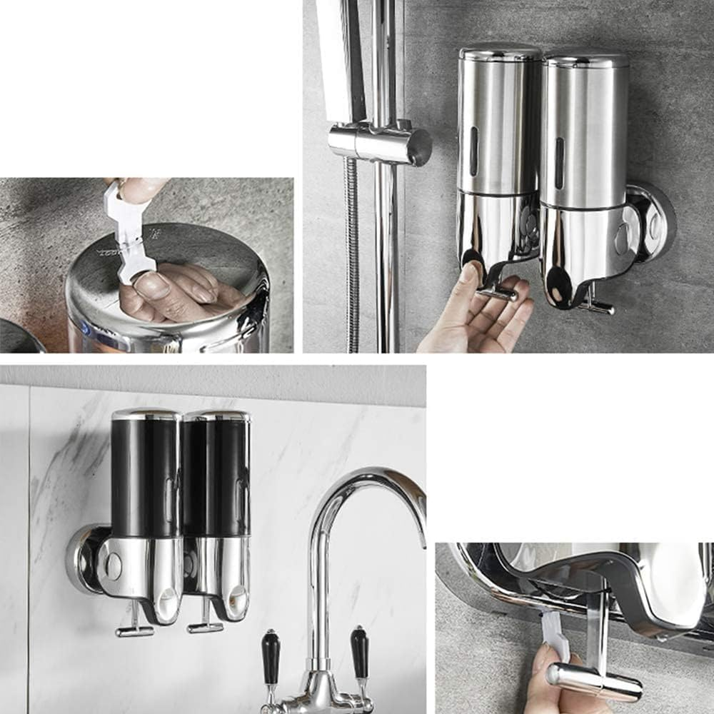 MTSDM Stainless Steel Wall Mounted Bathroom Shower Pump Dispenser, 1000Ml Bathroom Soap Dispenser for Shampoo Conditioner, 2 Chamber Wall-Mounted Shampoo Distributor, Shower Soap Press Pump for Hotel image number 2