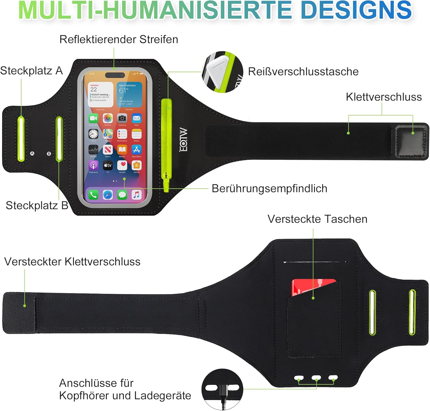 EOTW Universal Sports Armband Mobile Phone Holder Arm with Airpods Case for MP3 Player/Iphone 16/15/14/13 Pro Max Galaxy S24+/S23+/S22/S21 (6.0 Inches ~ 6.7 Inches) image number 1