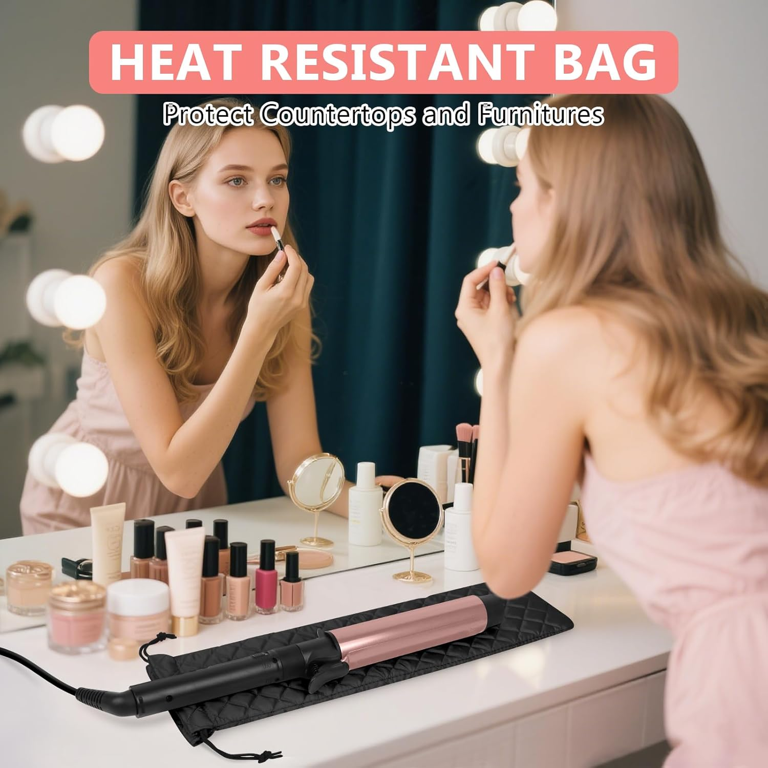 AMIJEAL Heat Resistant Hair Tools Storage Bag Portable Travel Drawstring Organizer Cover Pouch for Curling Iron, Flat Iron, Hair Straightener and Other Styling Tools(16" X 4.3") image number 2