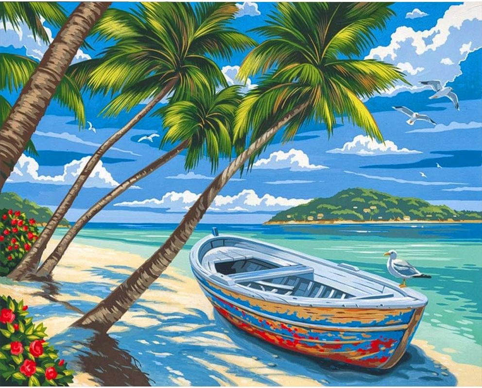 BERYART DIY Oil Painting Paint with Brushes Acrylics by Number Kits on Canvas by Hand Coloring Arts Crafts - Coconut Tree and Boat 16 X 20 Inch (Without Frame) image number 4