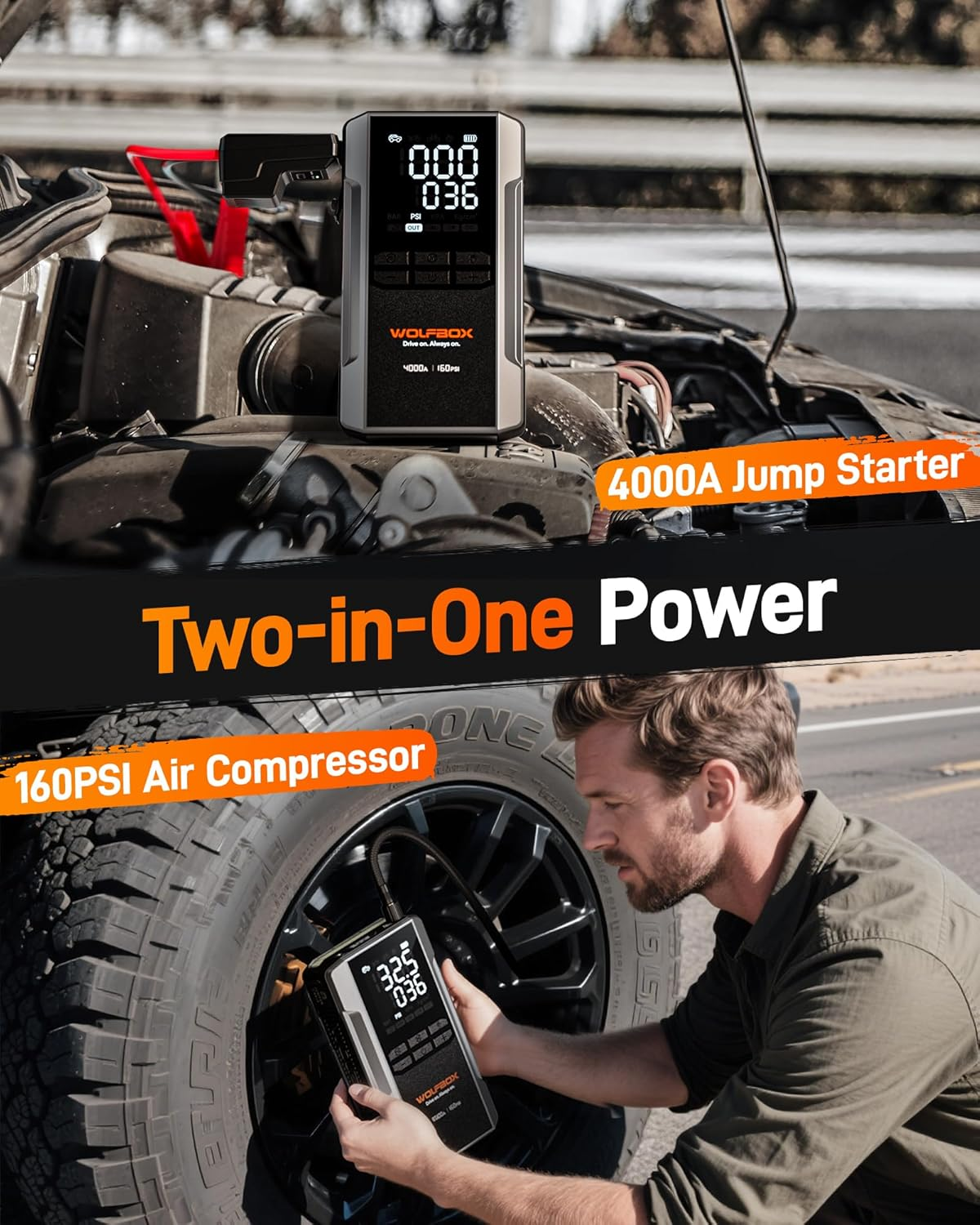 WOLFBOX Jump Starter with Air Compressor 4000A, Portable Tire Inflator, 160PSI, 65W Fast Charge, LED Display, 12V Car Battery(10L Gas & Diesel Engines) with Booster, LED Light, Jumper Cables image number 4
