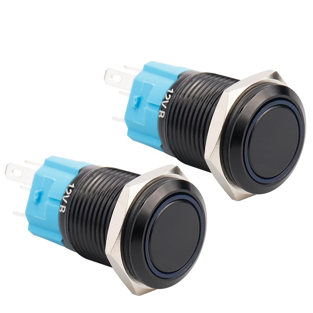 Yakamoz 2Pcs 16Mm Waterproof Latching Push Button Switches, 12V Self-Locking Button on off with Sockets Blue LED Wiring Harness for Automotive, Marine, Industrial Machinery and DIY. image number 1