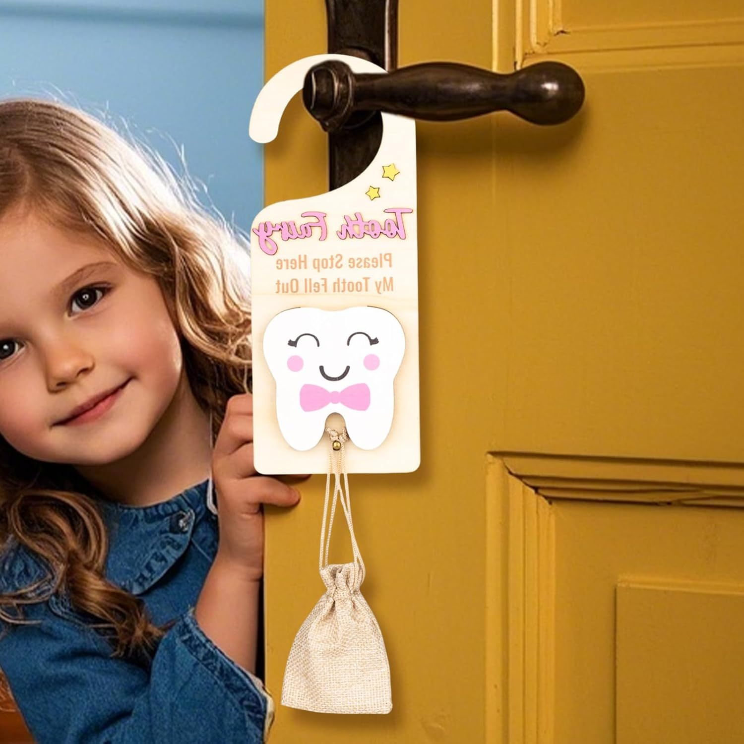 Tooth Door Hanger - Tooth Fairy Box with Money Slot,Wooden Keepsake Box with Pouch for Kids Boys Girls Home Decoration image number 5
