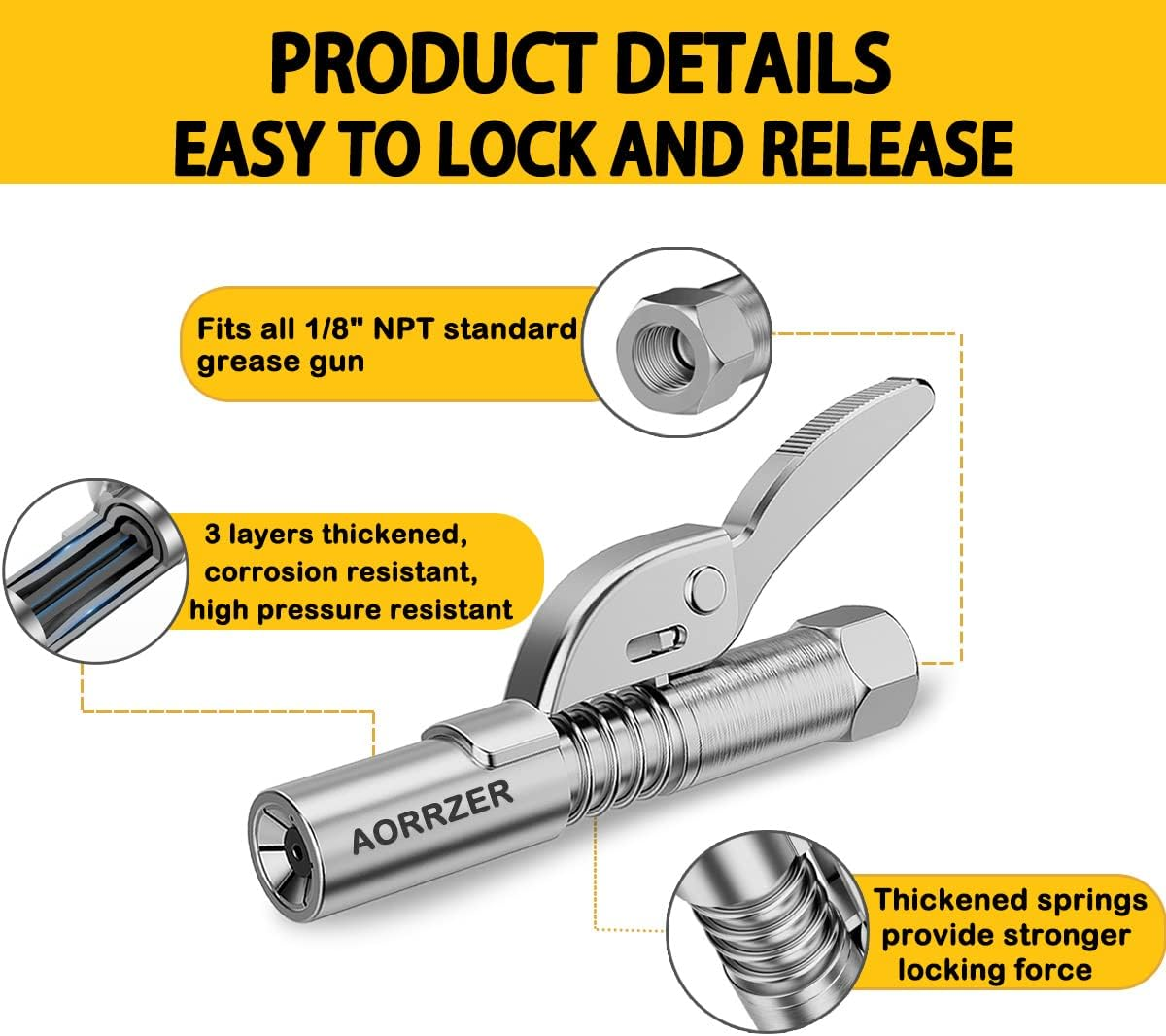 AORRZER Grease Gun Coupler 2 PCS, Strong Lock-On Greases Couplers, 12000 PSI High Pressure Quick Release Grease, Durable and Compatible with All Guns 1/8'' NPT Fittings Silver image number 2