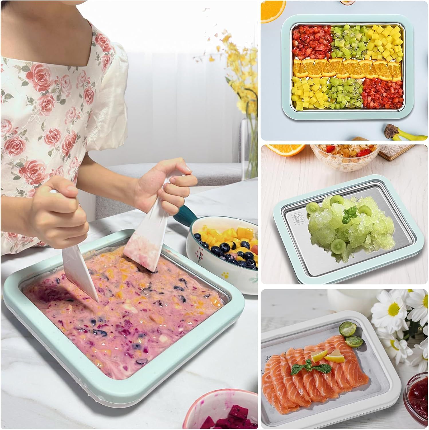 DBREAKS Ice Cream Roller Maker Pan, Ice Plate, Ice Cream Rolls Maker, Ice Rolls Machine, Homemade Ice Cream, Ice Cream Plate for Ice Rolls, Stainless Steel, for Frozen Yoghurt Ice Cream Gelato, Green image number 1