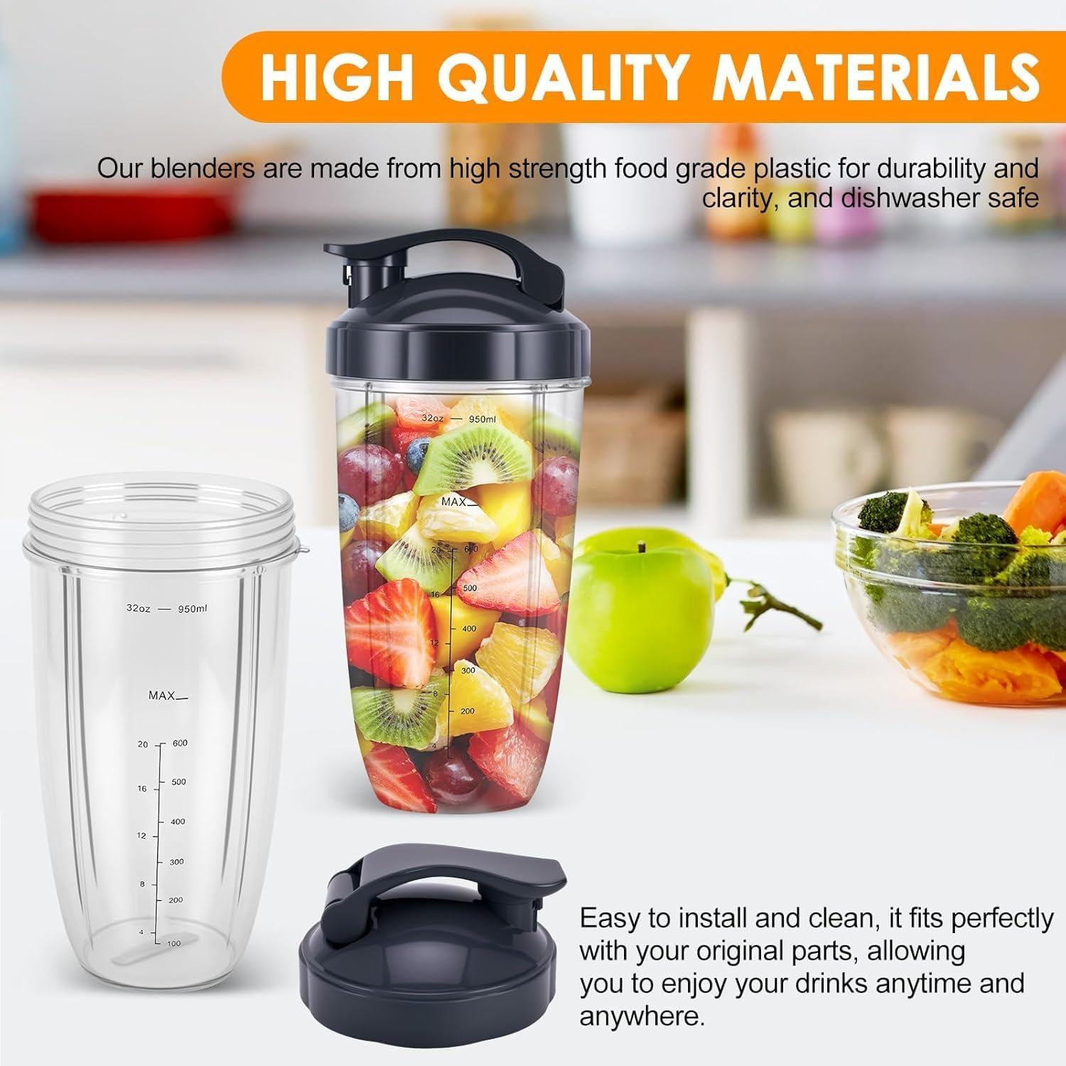 18PCS Blender Cups & Blade Replacement Set for Nutribullet 600W 900W, 32Oz 24Oz 18Oz Cups with Flip-Top Lid, Resealable Lid & Handle Ring, Extractor Blade, 2 Gears, 6 Shock Pads, Cleaning Brush