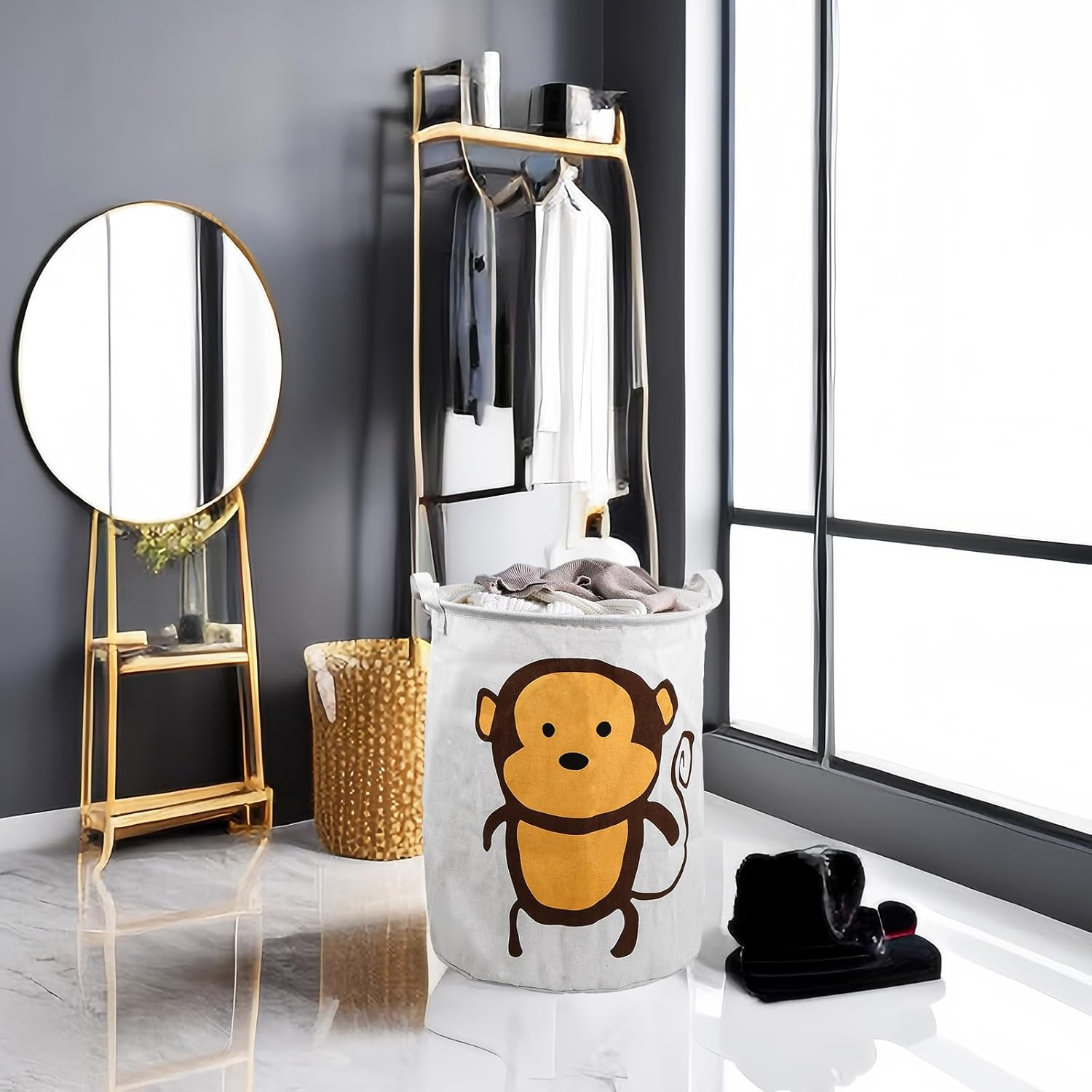 Cute Monkey Baby Laundry Basket, round Canvas Fabric Foldable Clothing Storage Basket, 40 X 50 Cm image number 4