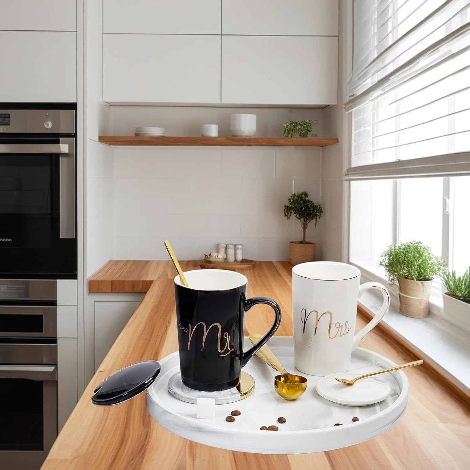 YOZRAN Coffee Mugs Set Couple Cups, Wedding Presents for Bridal Shower, Engagement Gifts Couple Gifts, Birthday for Him Her Husband Wife Anniversary (Black&White) - Pinkgrey image number 5