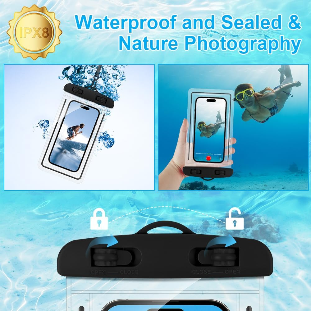Diuli Waterproof Phone Pouch Case, 2 Pack IPX8 Waterproof Phone Case Bag for Swimming Adjustable Lanyard Underwater Dry Bag for Water Sports Beach Surfing（Black） image number 6