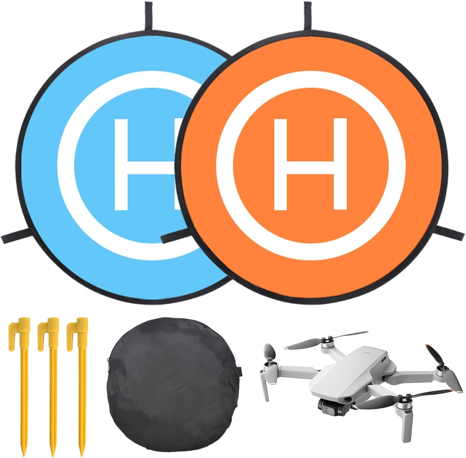 Drone Landing Pad, 22"/55Cm Waterproof Portable Foldable Helipad Helicopter Landig Mat with Pegs, Double Sided Orange/Blue, for RC Drones Helicopter DJI Mavic Mini 2 / Zoom/Air Fly 2 / Phantom/Incl image number 1