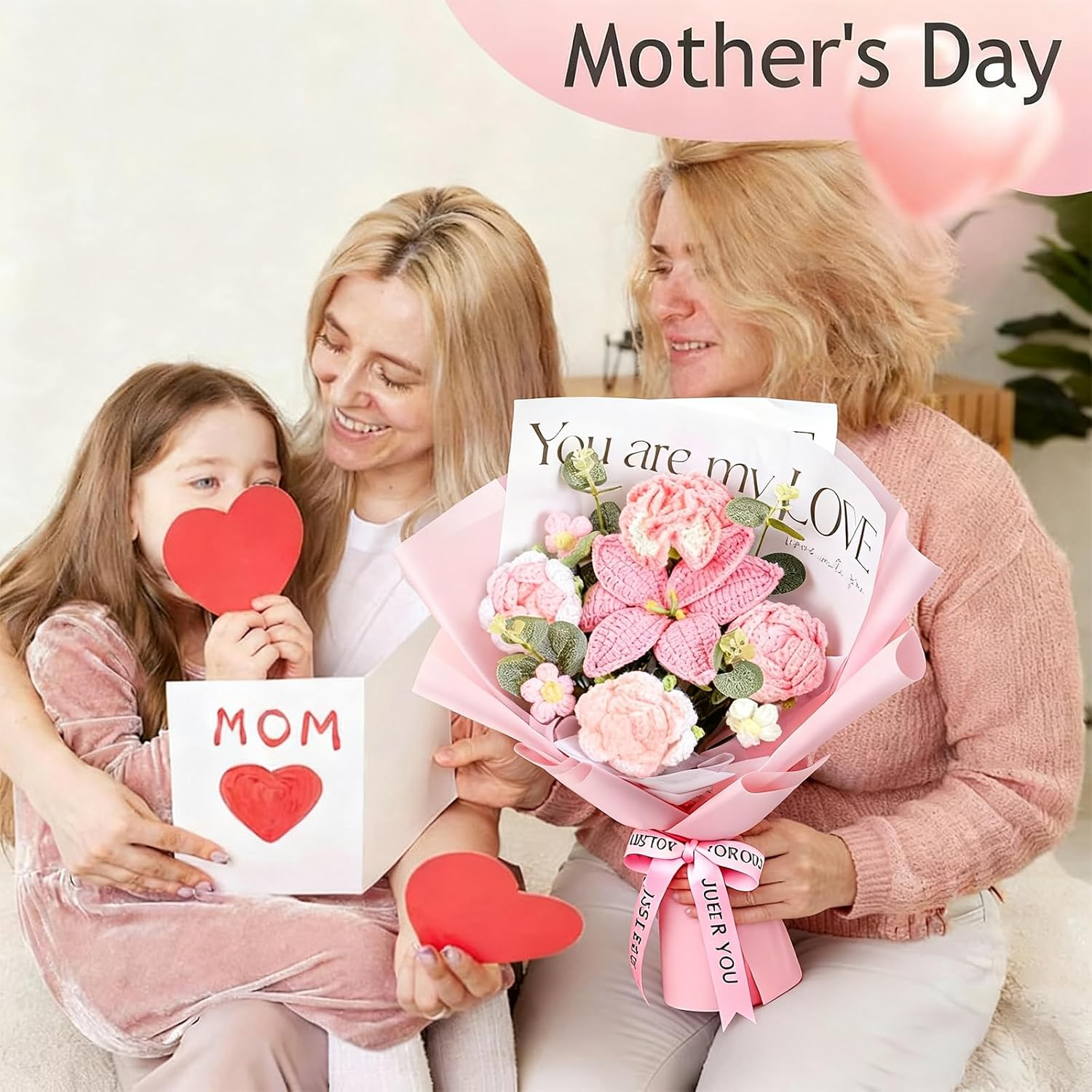 Crochet Flowers Bouquet - Hand Knitted Rose Crochet Flower Bouquet for Home Decor, Weddings, Birthdays, Mother'S Day - Includes Gift Bag and Greeting Card, Faux Crochet Flower image number 1