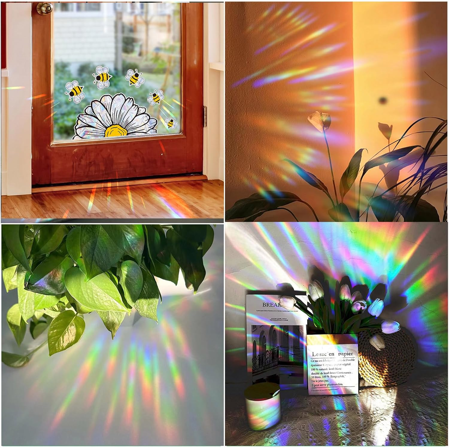 Bee and Sunflower Suncatchers Stickers Prism Glass Decor Anti-Collision Stickers for Birds Vinyl Window Clings Glass Decal for Home Mirror Sticker Flower Window Gels(Bee and Flower) image number 3
