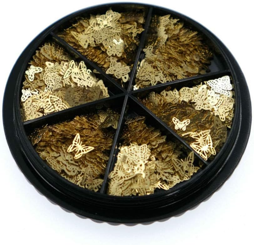 Aysekone 1 Boxed 6 Grids Gold Metallic Butterfly Nail Decals Metal Butterfly Nail Stickers Hollowed Butterfly Nail Studs Nail Slices Nail Tip Decorations