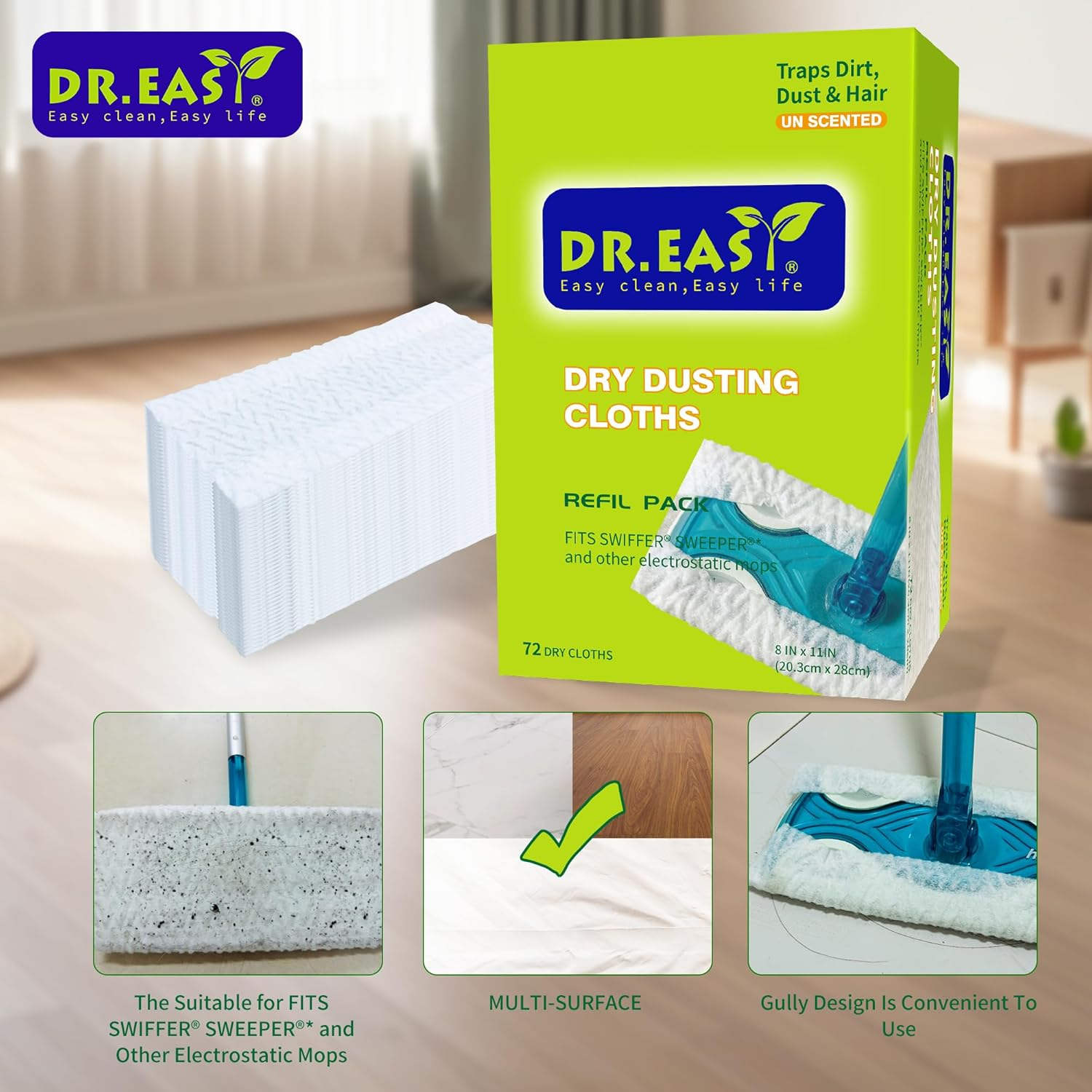 Dr.Easy Dry Sweeping Cloths,72Ct Disposable Mopping Pads Refil Pack,Fits SWIFFER Sweeper and Other Electrostatic Mop Heads for Floor Mopping and Cleaning.Bigger Size 8X11In,Catch& Lock Dirt & Hair. image number 3