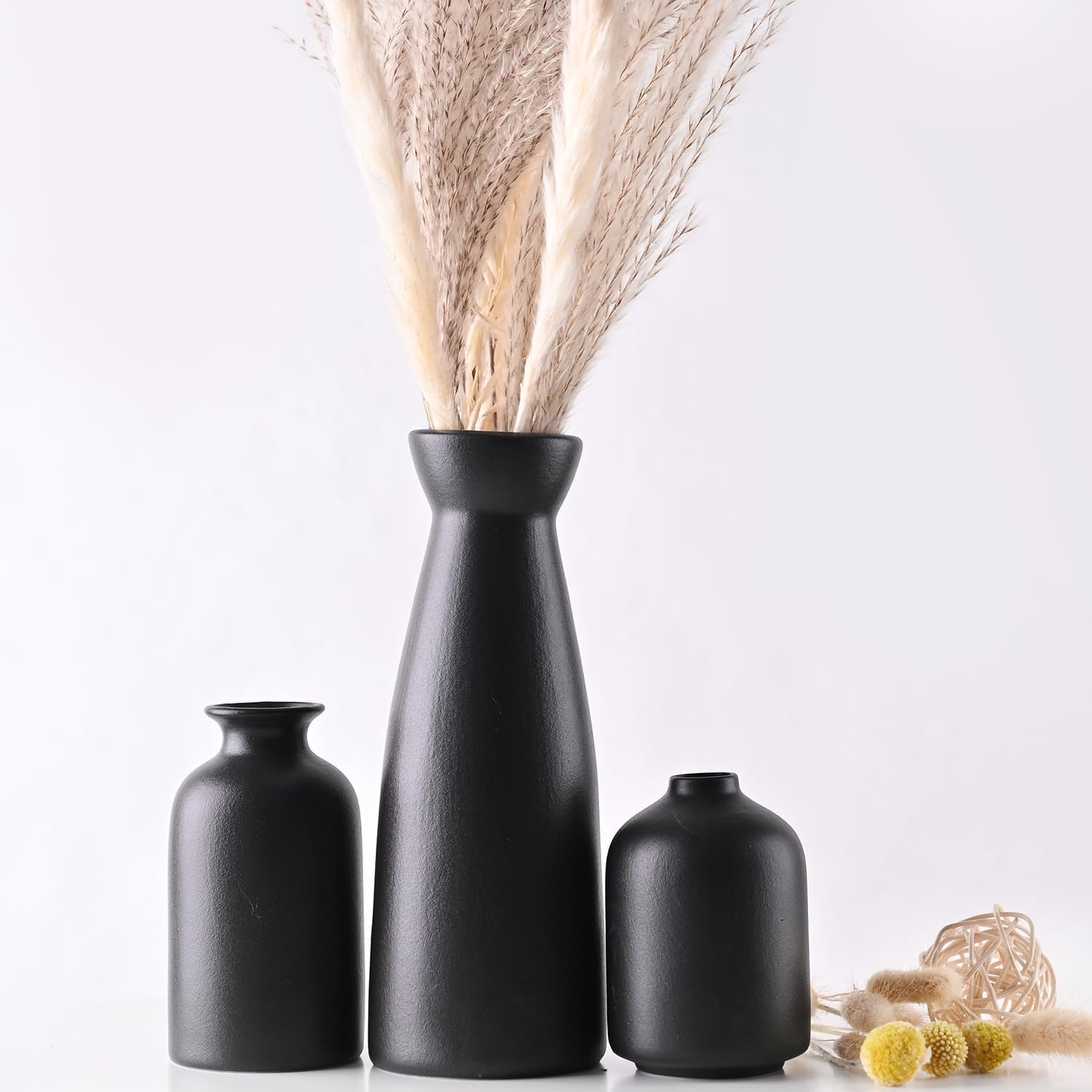 Black Ceramic Vase Set-3 Small Flower Vases for Decor Boho Vase Distressed Farmhouse D&eacute;cor, Pottery Decorative Flower Vase for Home Decor, Table, Living Room Decor, Idea Shelf image number 3