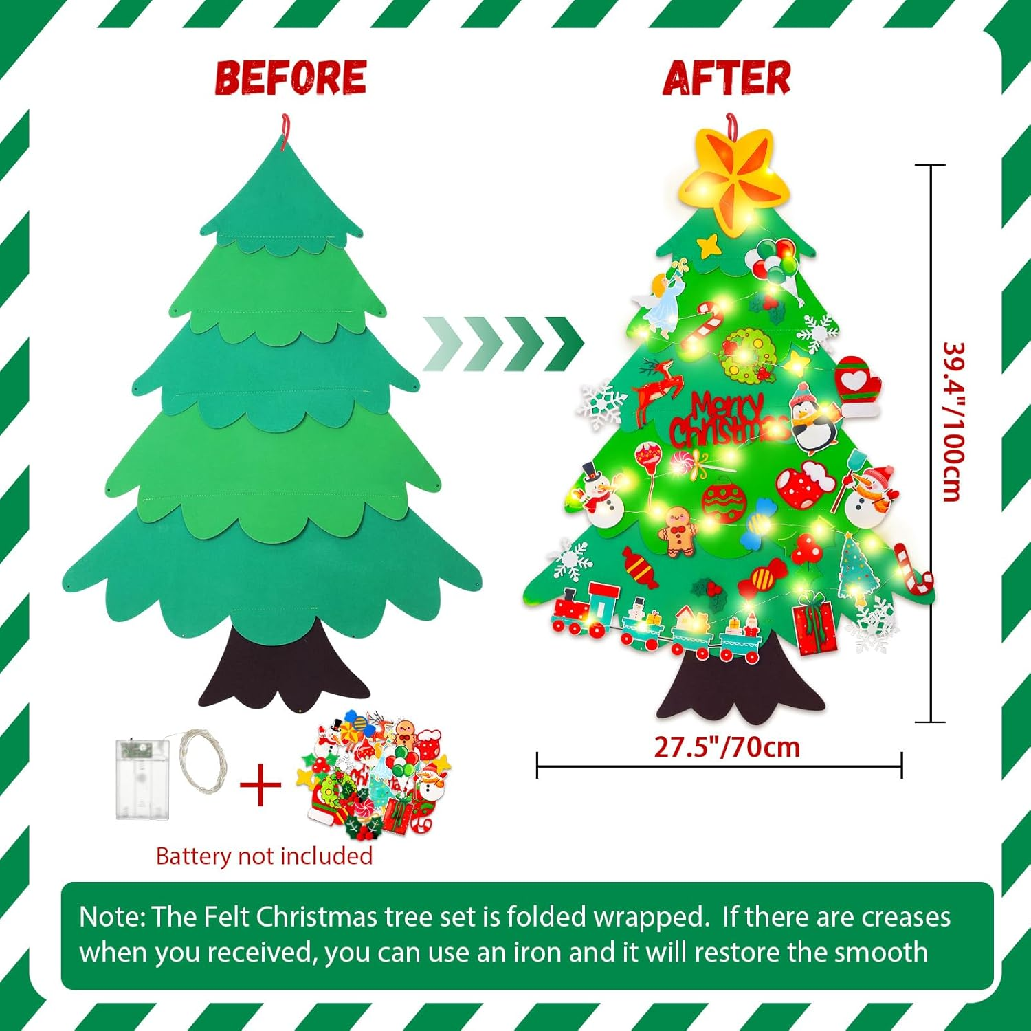 Felt Christmas Tree for Kids - 3.6 FT Wall Felt Christmas Tree with Lights & 35 Pcs Ornaments, DIY Xmas Gifts for Toddlers image number 2