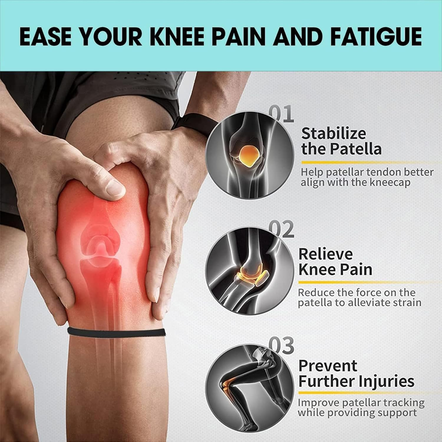 4 Pack Patella Knee Straps，For Pain Relief Patella Fine Bands for Knee Pain Relief, Flexible Knee Band & Patella Strap for Running, Basketball, Sports - Knee Stabilizer Rings for Men and Women. (Black & White) image number 5