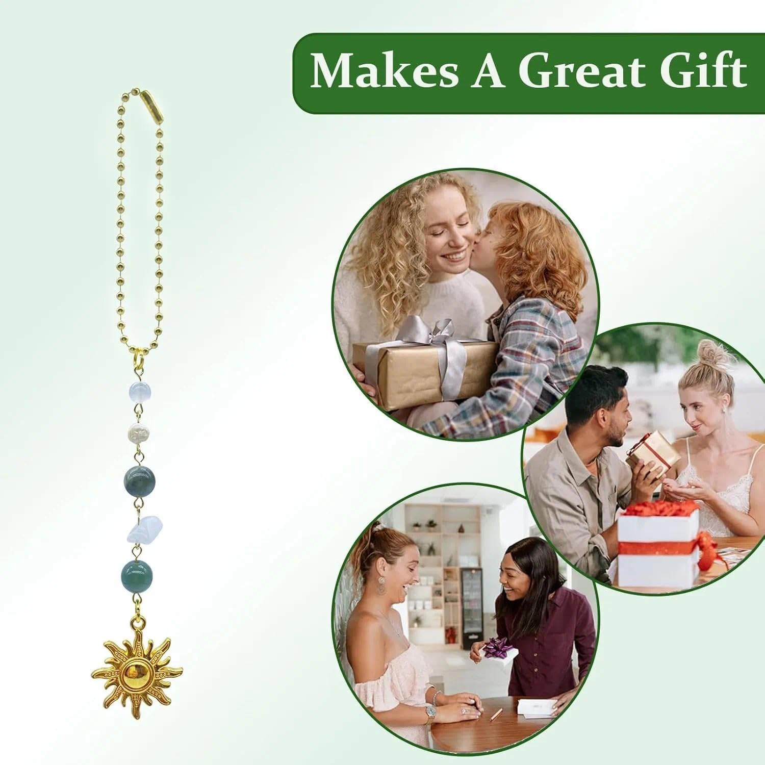 Cute Car Hanging Accessory with Green and Gold Handmade Healing Crystals, Sun Hanging Charm, Compatible with Rear View Mirror, Car Interior Decor - Perfect Decor for Lovers,17.8 Cm - Unron image number 3