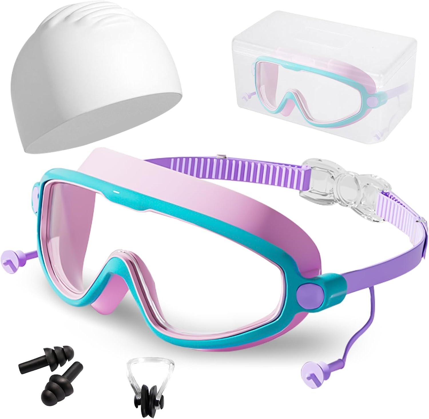 Pearyaest Kids Swim Goggles,Swimming Glasses Swim Cap Set for Children and Early Teens from 3 to 15 Years Old,With Earplugs,Silicone Frame,Strap with Adjustable Buckle,Wide Vision,Anti-Fog