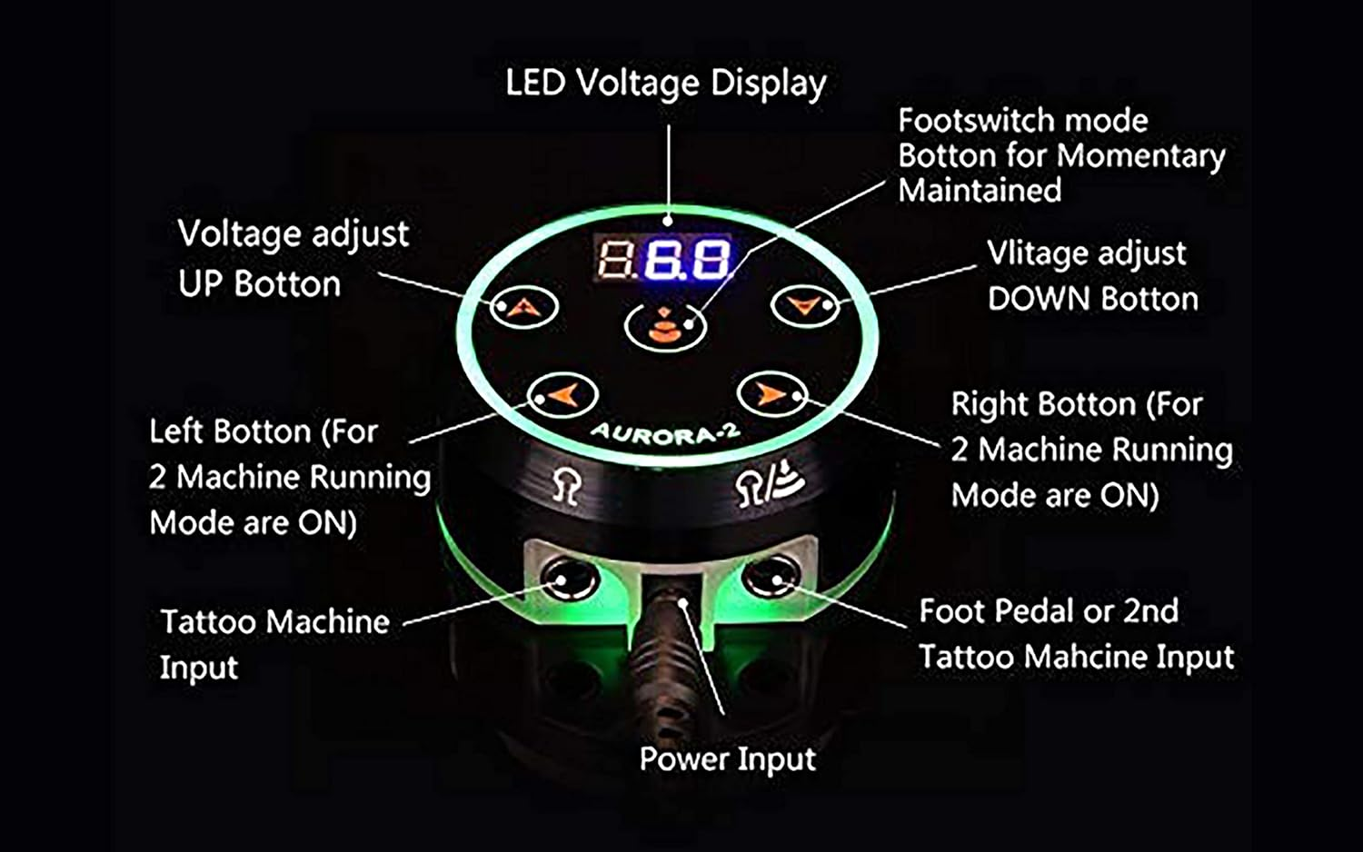 Coveted Professional Tattoo Power Supply - Aurora Colorful 2Nd Generation with Digital Display, Push Button Rotary Tattoo Machine Compatibility, Adjustable Voltage, Sleek Black Color - OTW-PDL2-1 image number 4