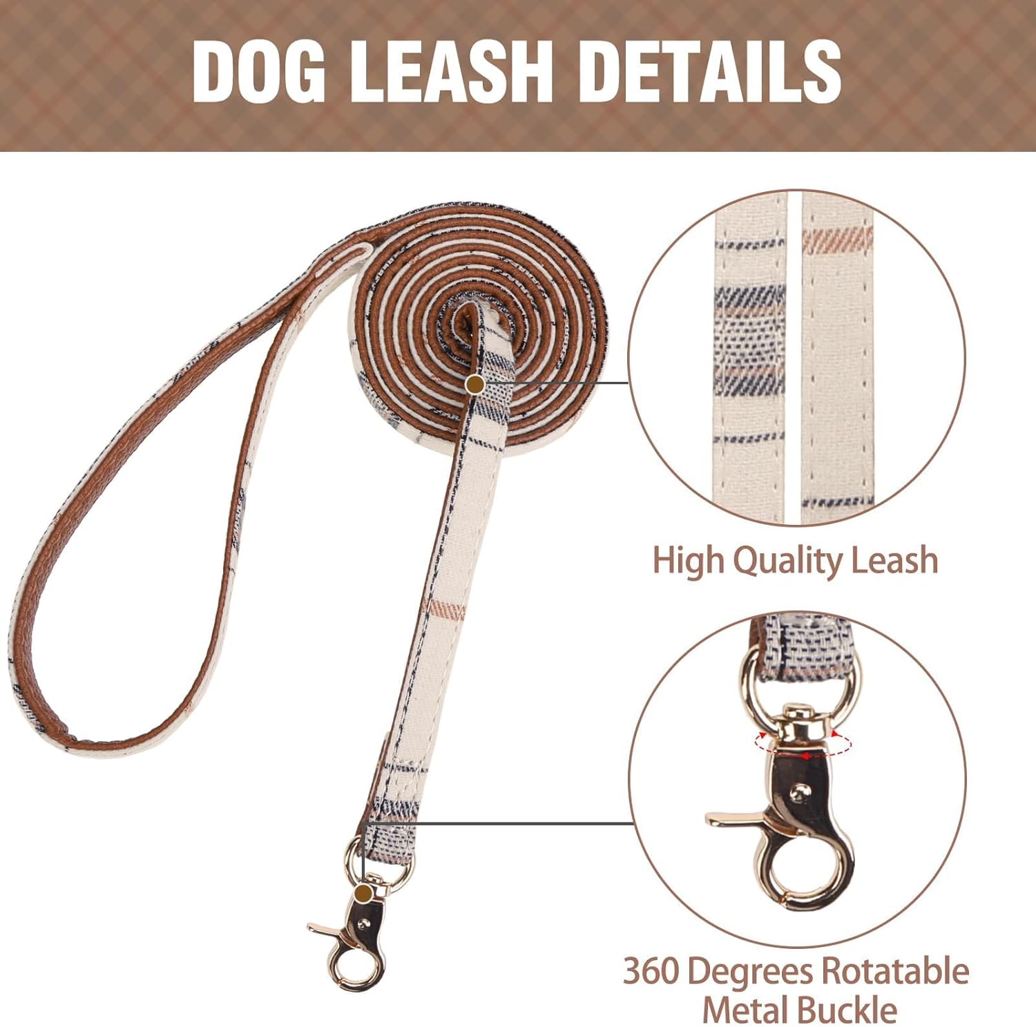 KOOLTAIL Small Dog Collar and Leash Set with Bowtie and Bells - Puppy Collar and Leash for Female/Male with Classic Plaid Matching Pattern, Soft Leather Leashes for Small Dogs Boys Girls, Shirt Plaid image number 3