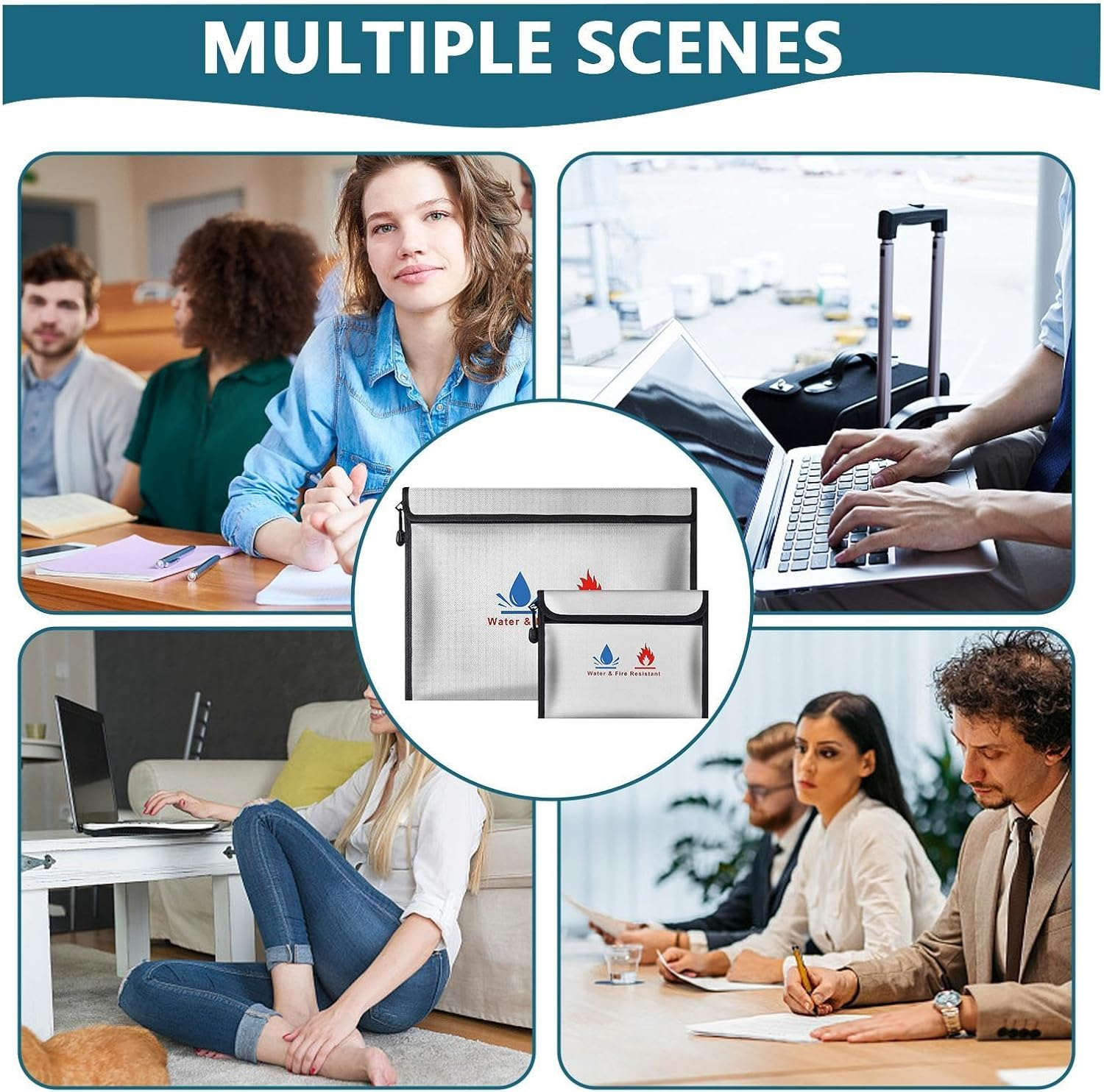 Wjnflqn, Fireproof Money Bag - Water Resistant File Folder with Zipper - 2 X Money Pockets, Money Holder for Cash, Jewellery, Valuables, Passport image number 4