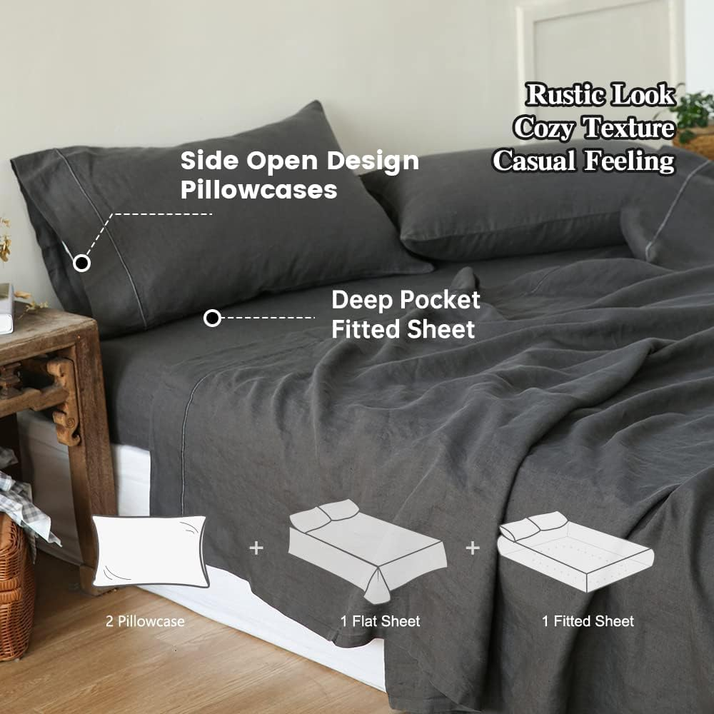 Simple&Opulence 100% Linen Sheet Set with Embroidery Washed - 4 Pieces (1 Flat Sheet & 1 Fitted Sheet & 2 Pillowcases) Natural Flax Soft Bedding Breathable Farmhouse - Dark Grey, Full Size image number 1