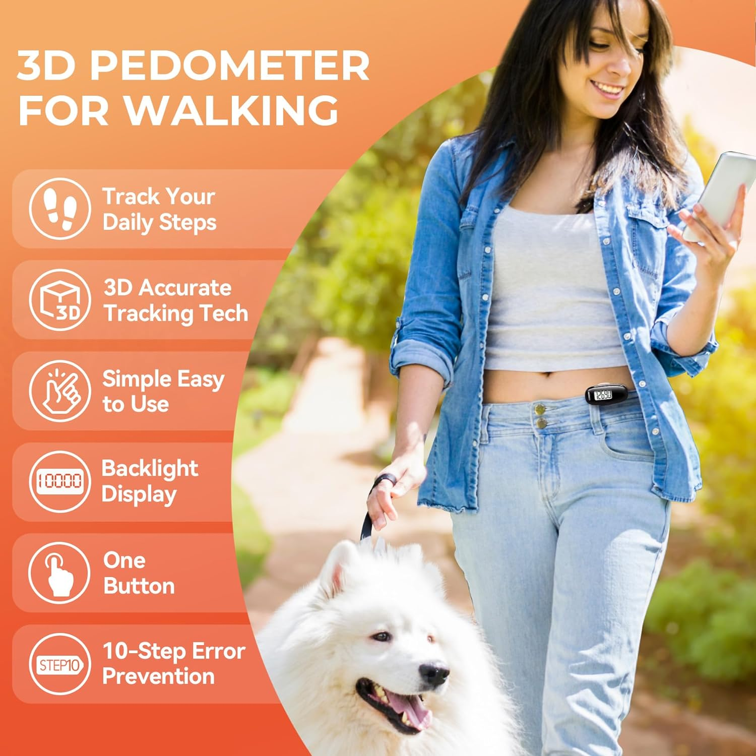 3D Pedometer for Walking, Simple Walking Step Counter with Removable Clip and Strap, USB Rechargeable Step Tracker with Backlight, Accurate Step Counter for Men Women Kids Seniors