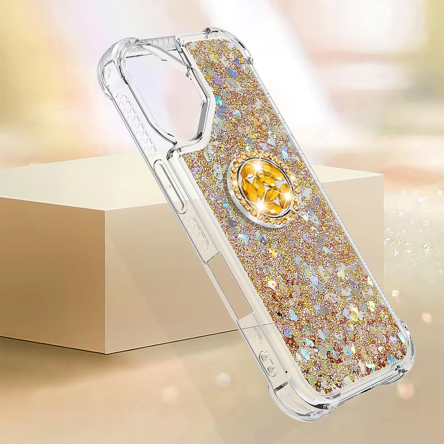 IMEIKONST Glitter Case for Iphone 17 Mobile Phone Case with Ring Stand, Sequins Liquid Quicksand Transparent Protective Case Shockproof TPU Cover for Iphone 17 Love Gold YBZ image number 4