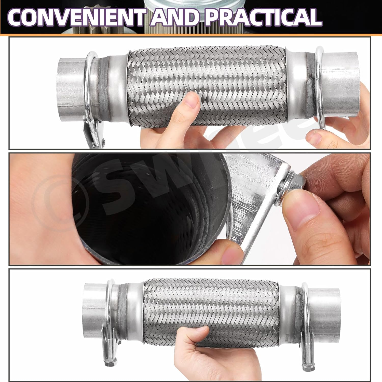 Swpeet 3Pcs 2.5 X 7.9 Inches Exhaust Flex Pipe with 2.5 Inches Exhaust U Clamp Kit, Universal Type Stainless Steel Double Braid Zinc Pipes Exhaust Flex Tube Ideal for Heavy Duty and Cars image number 2