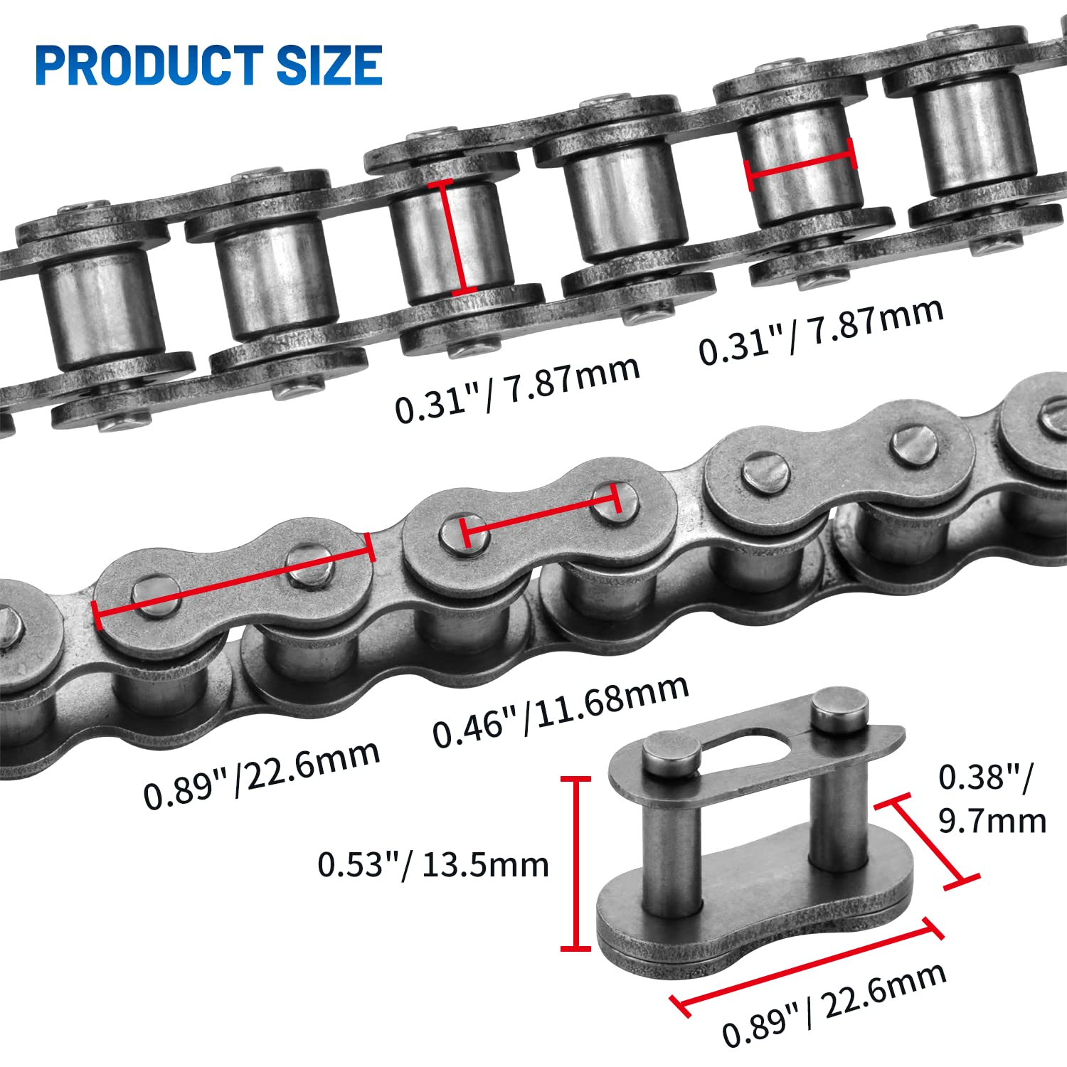 Belleone #40 Roller Chain - 10 Feet #40 Chain with 5 Connecting Links for Go Karts, Mini Bikes, Scooters, Motorcycles, Bycicles, ATV, MTV, Dirt Bike and Other Industrial Machinery - 240 Links image number 5